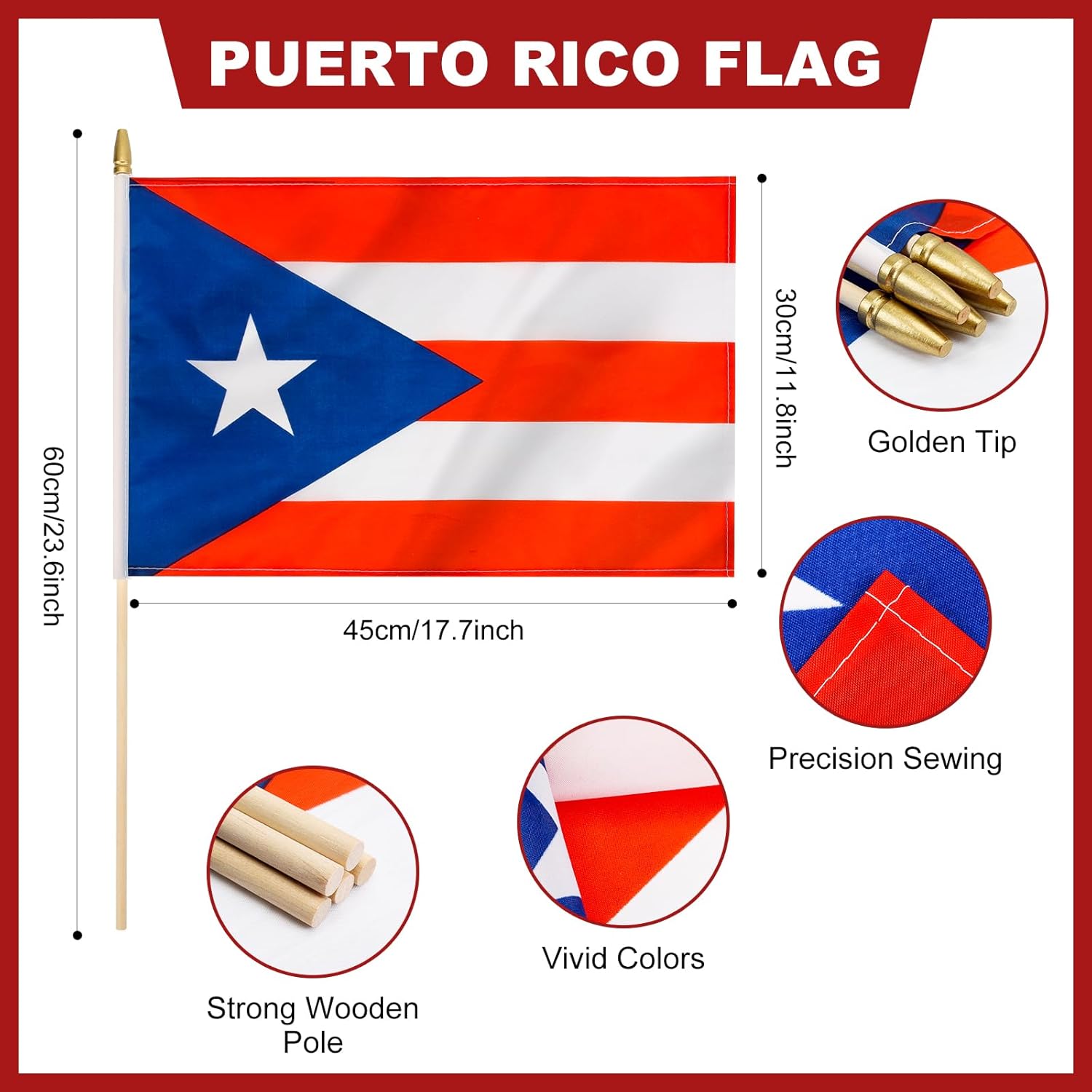 12 Pack Puerto Rico Stick Flags Small 12x18 Inch Puerto Rican Hand Held Flags with 24 Inch Wooden Pole Decorations