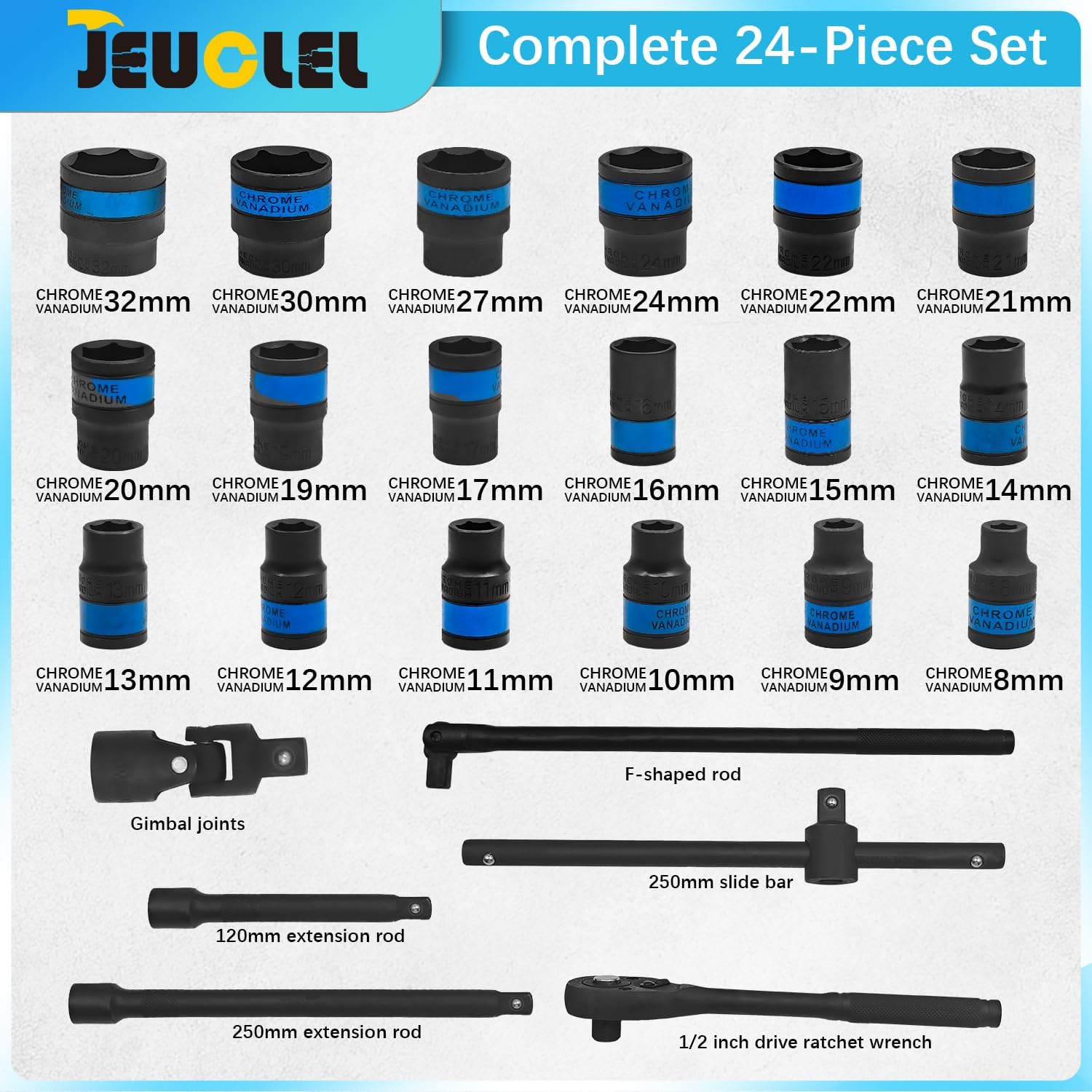 24 Pcs Metric 1/2 Inch Drive 6-Point Standard 8-32mm Socket Ratchet Wrench Set, Short & Long Air Pneumatic Sockets Spanner for Automotive Repairs Machinery Maintenance Household Maintenance