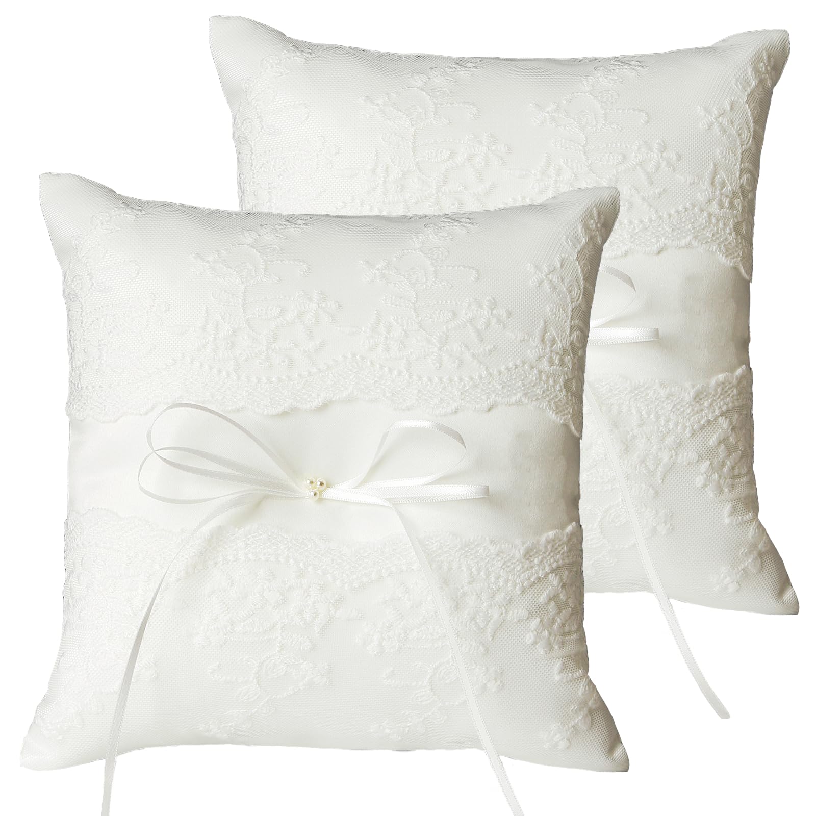 qirmizi 2 pc wedding ring pillow - lace pearl ivory bearer cushion for your perfect wedding party