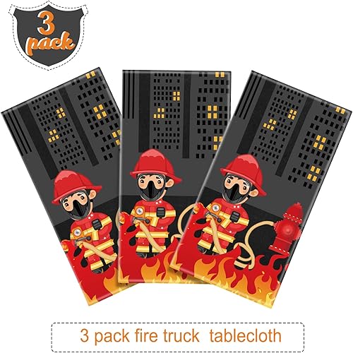 Miniatura 4 de Paquete de 3 manteles de plástico con diseño de camión de bomberos, para fiesta de bomberos, con texto en inglés "Happy Birthday", suministros para