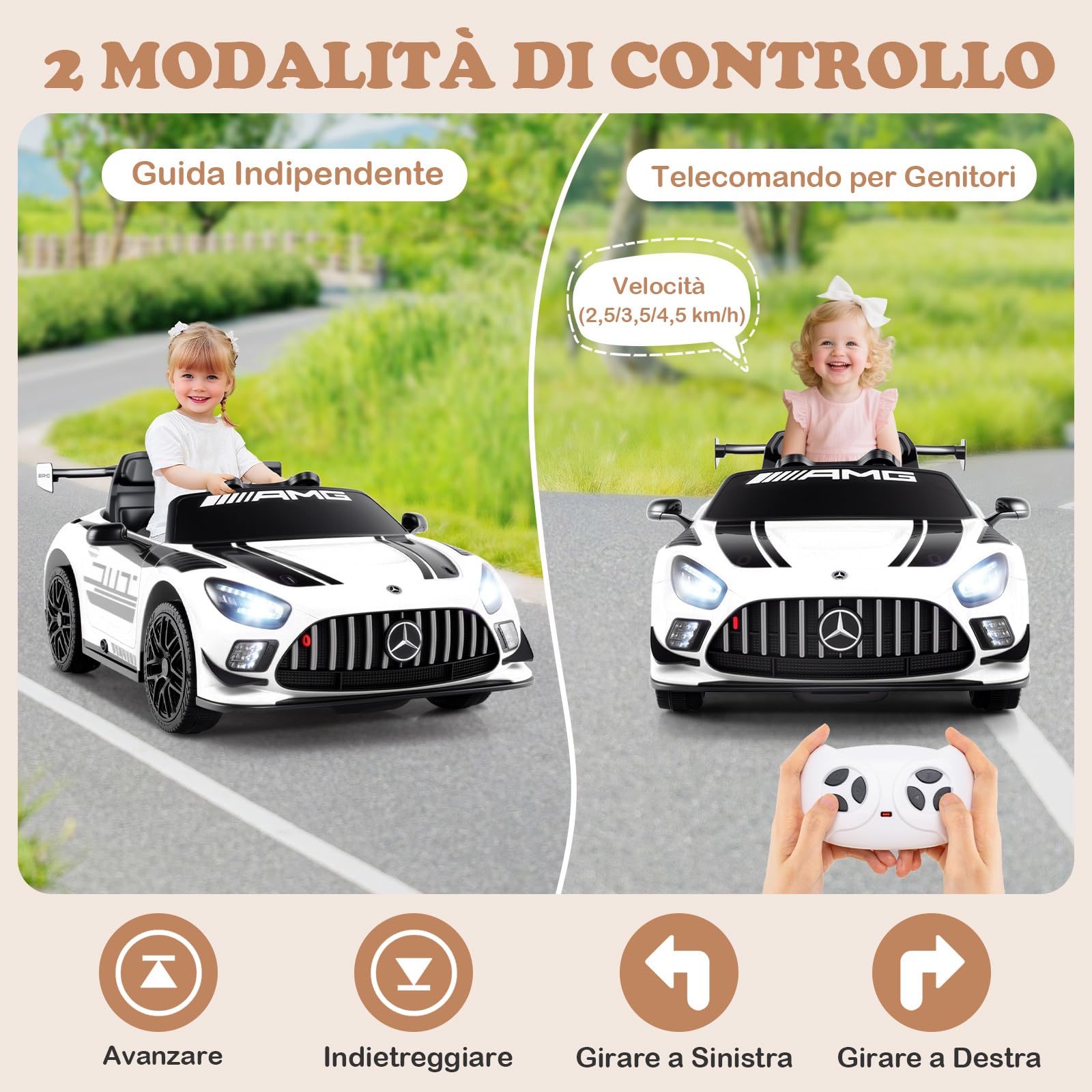 RELAX4LIFE Macchina Elettrica per Bambini 12V Mercedes-AMG GT3,con Telecomando, 2,5/3,5/4,5 km/h, Musica, Clacson, Luci LED, Cintura di Sicurezza Regolabile, Avviamento Lento,3 Anni+ (BIANCO)
