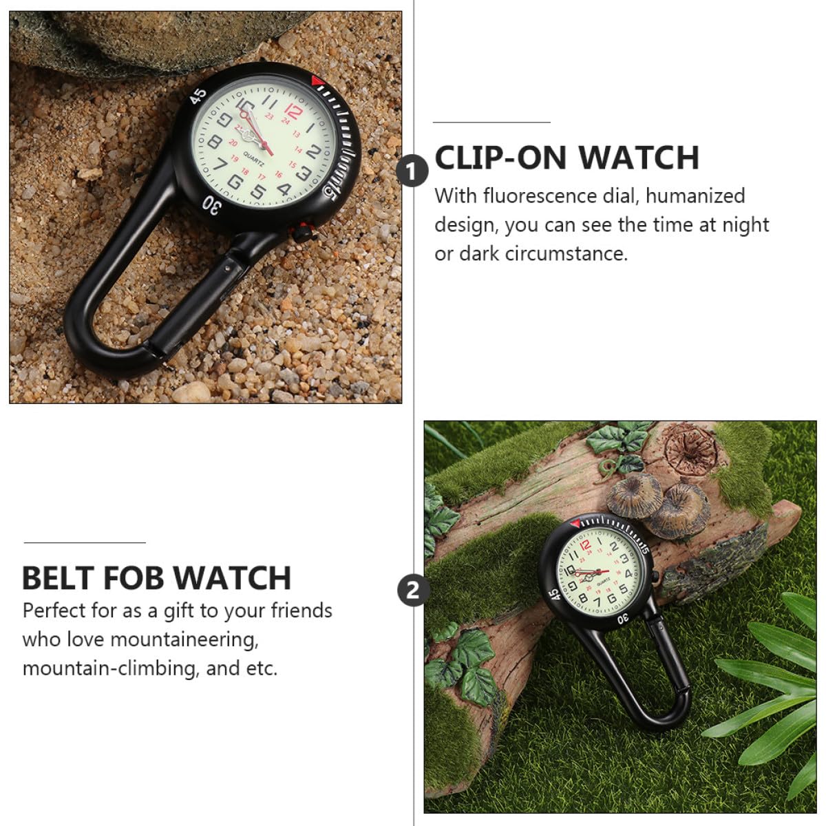 SOLUSTRE Clip On Quarzuhr mit Fluoreszierendem Zifferblatt Federbelasteter Karabiner Kompakte Gürteltaschenuhr für Damen und Herren Outdoor Rucksackbefestigung Präzise Zeitanzeige