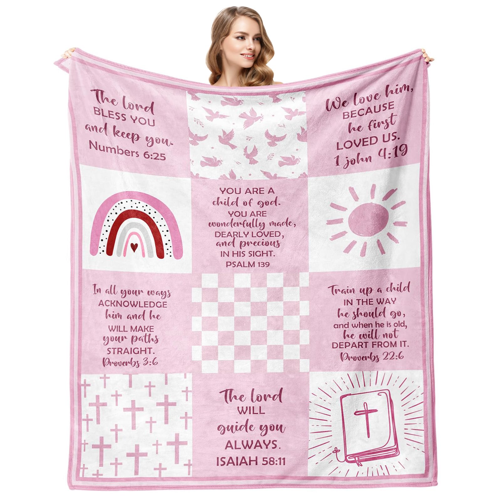Ellecila Girls Pink Christening Gift For Christening Blanket150*130Cm, New Born Blanket With Pattern And Simple, Baby Christening Gifts, Boy Christening Decorations, Baptism Gifts For Boys(Pink)