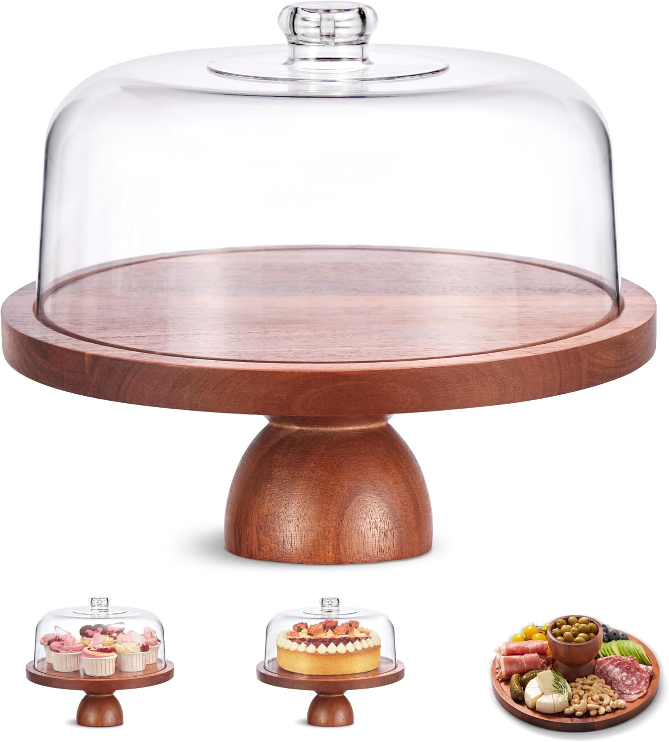 Kootek Wood Cake Stand with Lid, 2-in-1 Wooden Cake Plate & Covered Charcuterie Board, Footed Cake Container Dessert Display Holder with Dome Cover for Weddings, Parties, Bakeries (12 Inch)