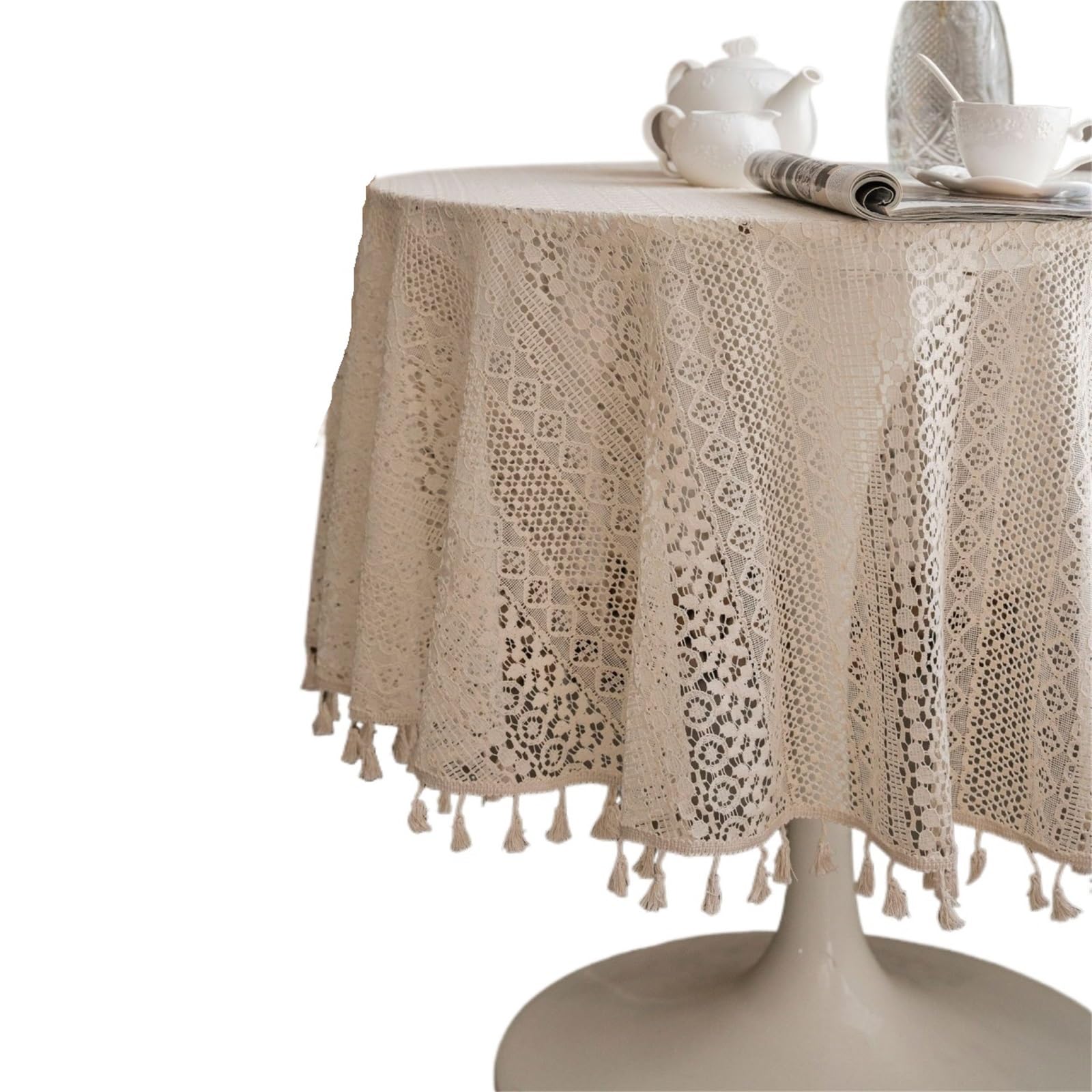 VIOLDHHJK Lace Tablecloth Round Lace Tablecloths With Tassels, Washable Crochet Vintage Cotton Table Cover For Dinner Wedding Party Banquet Decor(Beige lace,Round 150cm)