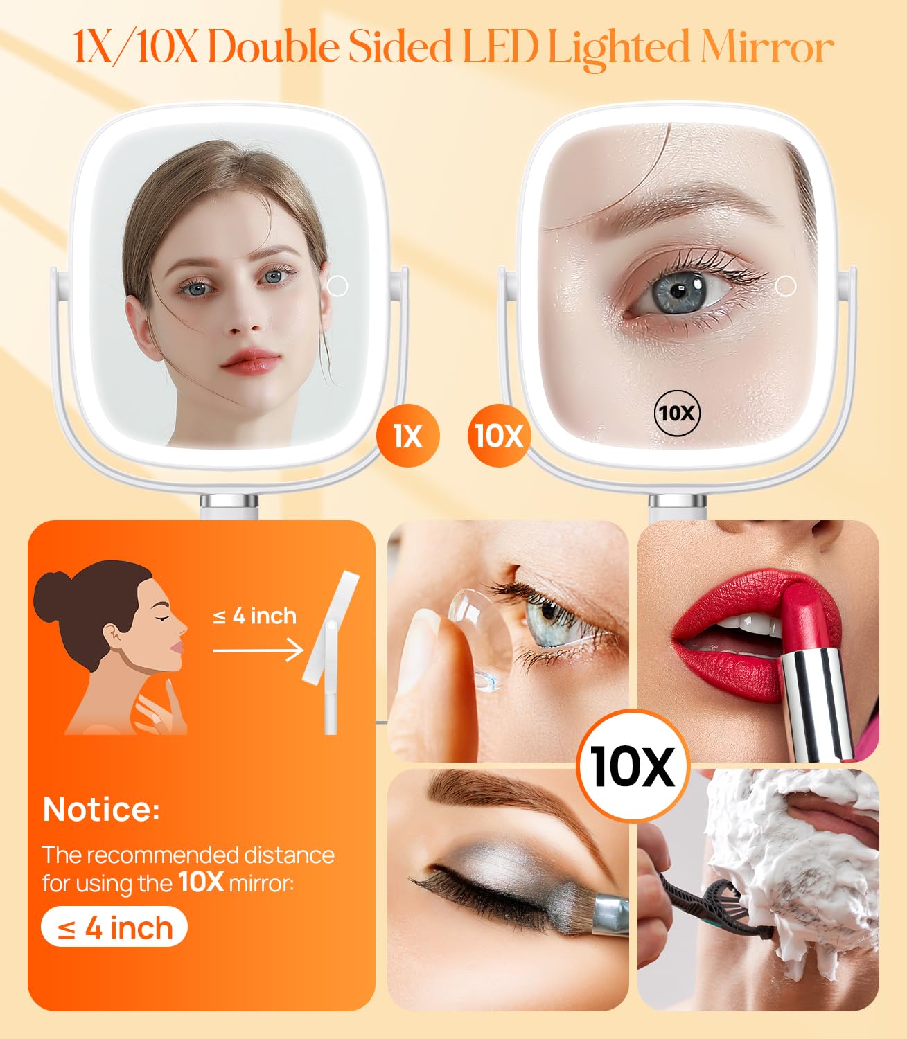 Gospire Espejo de maquillaje iluminado con luces y aumento 1X/10X, base de bandeja y altura ajustable para escritorio, batería recargable de 4000 mAh, 3 luces de color y función de memoria para