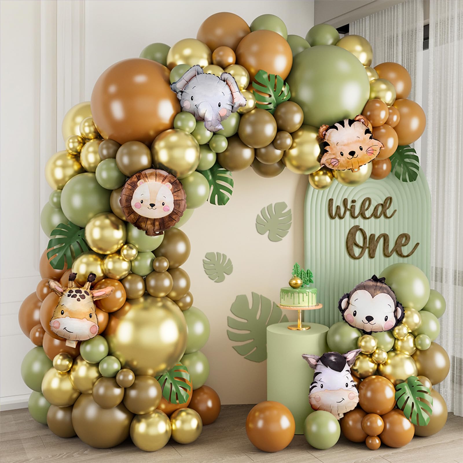 Jungle Safari Balloon Arch Kit, Sage Green Brown Animal Balloons Arch Safari Birthday Decorations for Wedding Shower Party