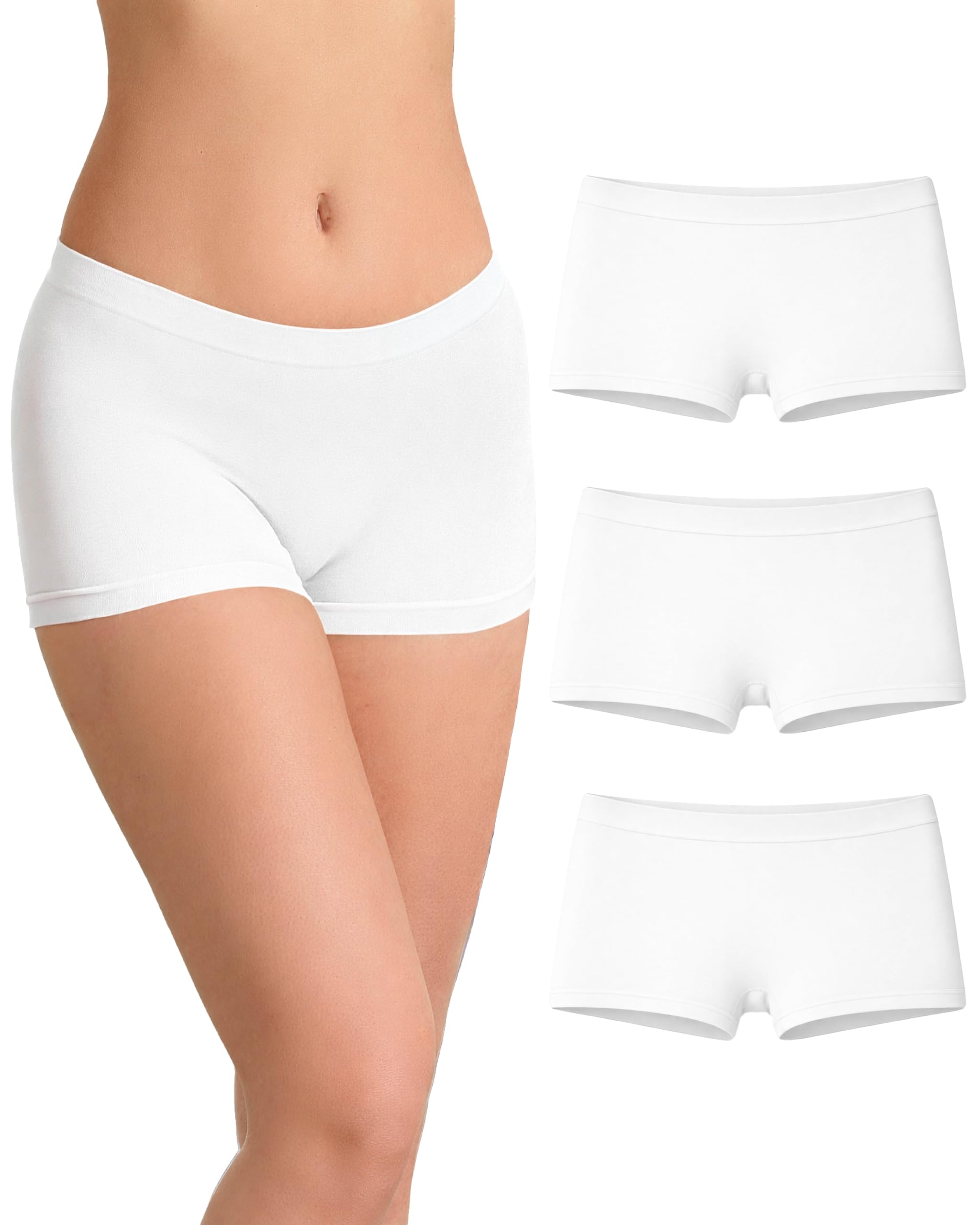 Risalti Women's Boxer Briefs Underwear, 3Pcs - Bamboo Viscose, Seamless, Made in Italy, L-XL, White-white-white