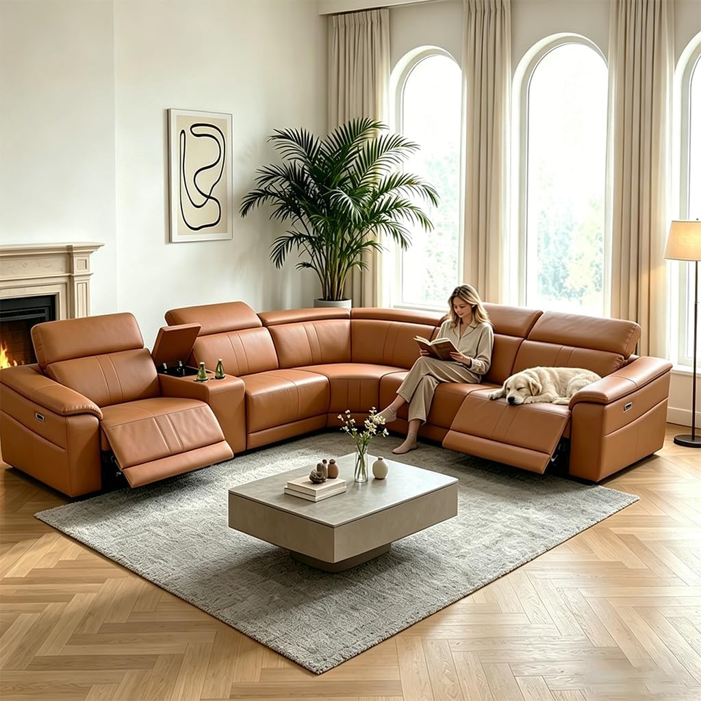 Power Recliner Sofa Set, Reclining Sectional Sofa Couch with Storage/USB Port, 5-Seater Leather Reclining Couch with Console and Cup Holder for Living Room/Apartment/Home Office