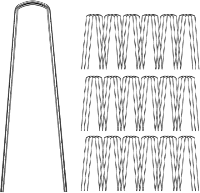 Garden Pegs 50pcs Sturdy Galvanised Steel Ground Stakes 6" U-Shape Trapezoidal-Head Metal Weed Membrane Pegs Sheet Turf Fake Artificial Grass Pins Staple Hook Spike Anchor Fencing Netting Landscaping