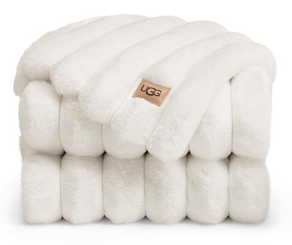 UGG Channel Throw Blanket, Fluffy Faux Fur Blanket, 50" x 70", White (Snow) | Striped Bubble Blanket for Couch or Bed, Plush & Warm, OEKO-TEX Compliant, Machine Washable, Cozy All-Season, Bedroom Decor - White