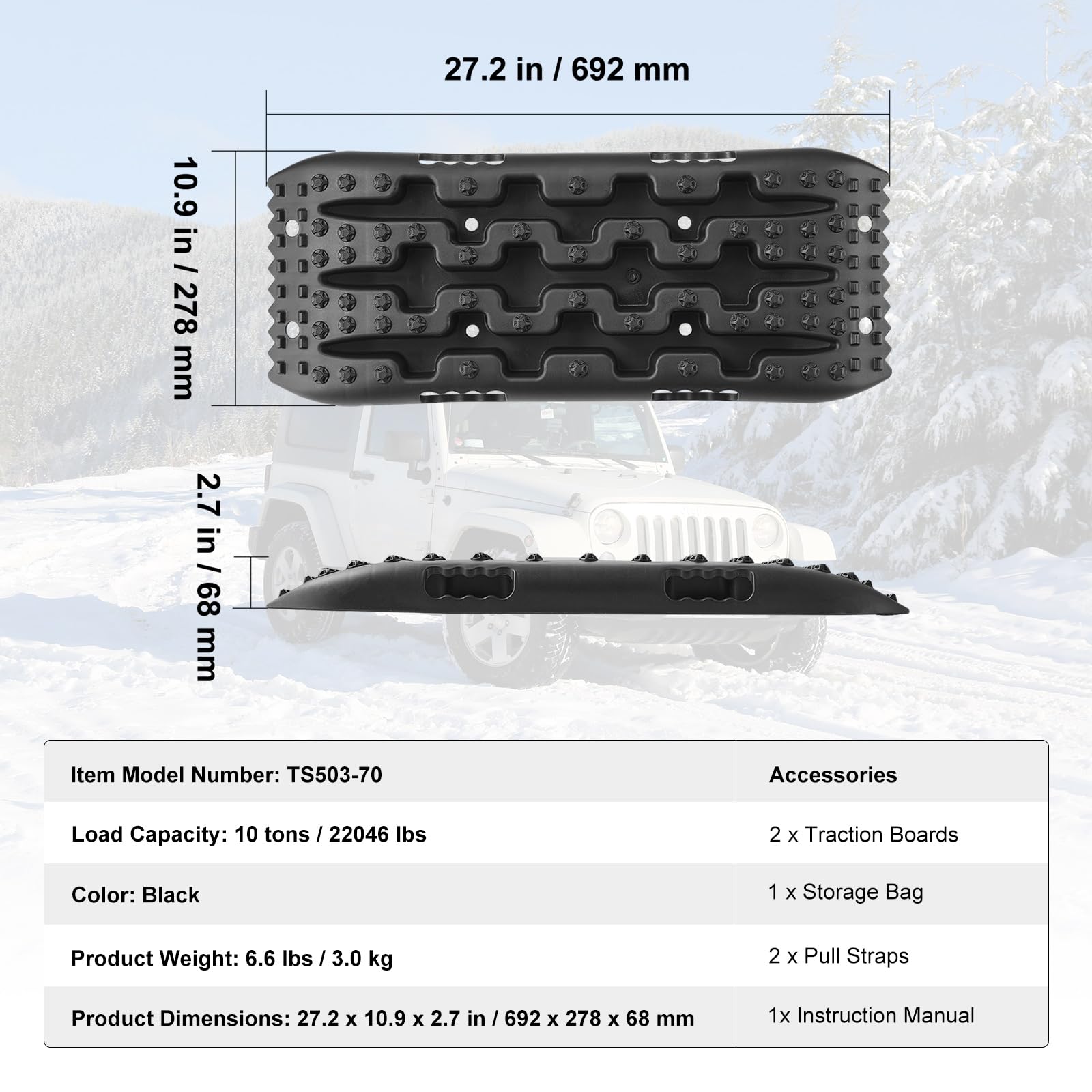 VEVOR Placa de Aterrizaje de PP 10 T Estera de Tracción para Todoterreno/Coche/Pick-up/SUV/RV Tabla de Recuperación de Arena y Lodo de Nieve Bolsa de Almacenamiento, Corta, Negra, 2 Piezas