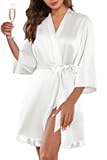Women's Satin Robes Silk Kimono Bath Robe Short Ruffled Hem Bride Bridesmaid Sleepwear with Pockets