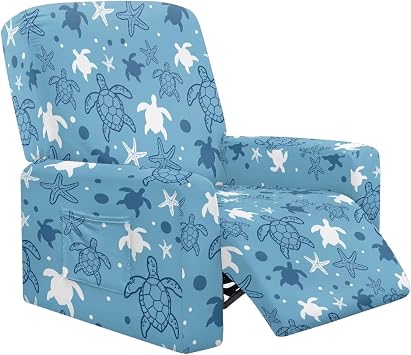 Blue Turtle Starfish Print 4 Pieces Stretch Recliner Covers, Easy to Install Recliner Sofa Slipcover, Fitted Non Slip Reclining Slipcovers for Pets Kids, Soft Lazy Boy Chair Covers