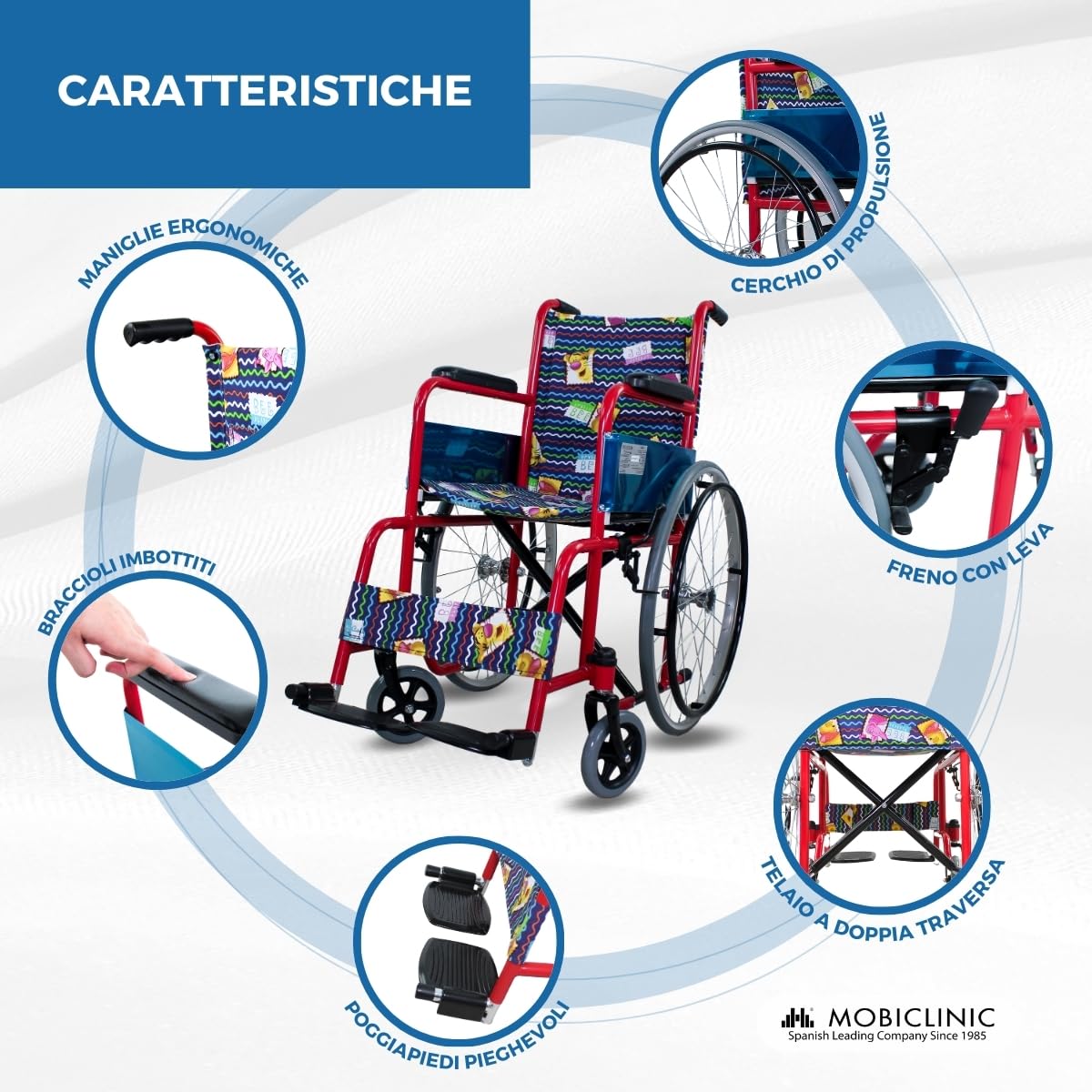 Mobiclinic, Carrozzina per bambini, Teatro, Etichetta europea, Pieghevole, Marchio ce, Accessibile ai disabili, Freno sulle maniglie, Poggiapiedi e braccioli fissi, Rivestimento rosso con stampe