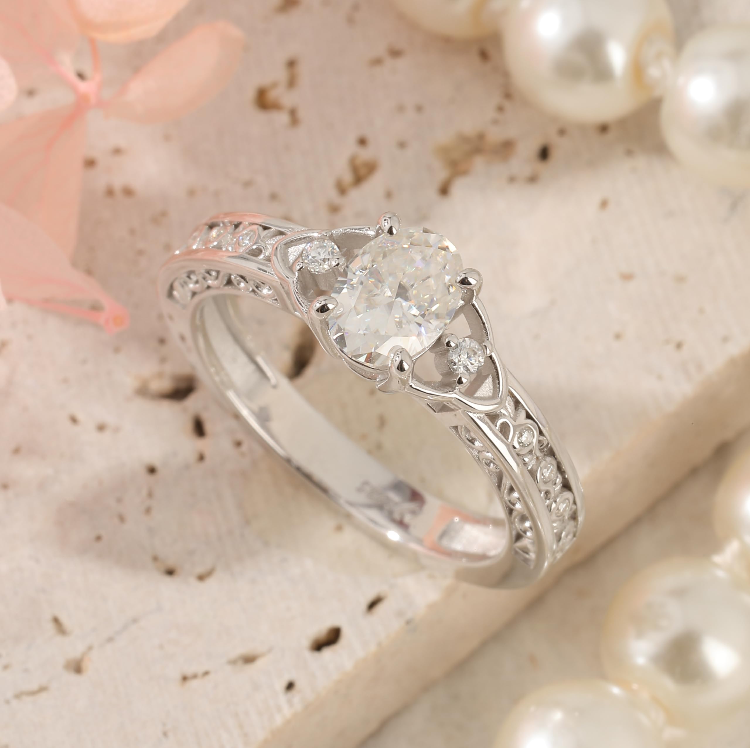 Damen Moissanit Ring Keltisch Knoten Blumen Ehering 925 Sterling Silber Solitärring Ovalschliff Rundschliff Blumering mit Stein Verlobungsring Bandring für Frauen Geschenk