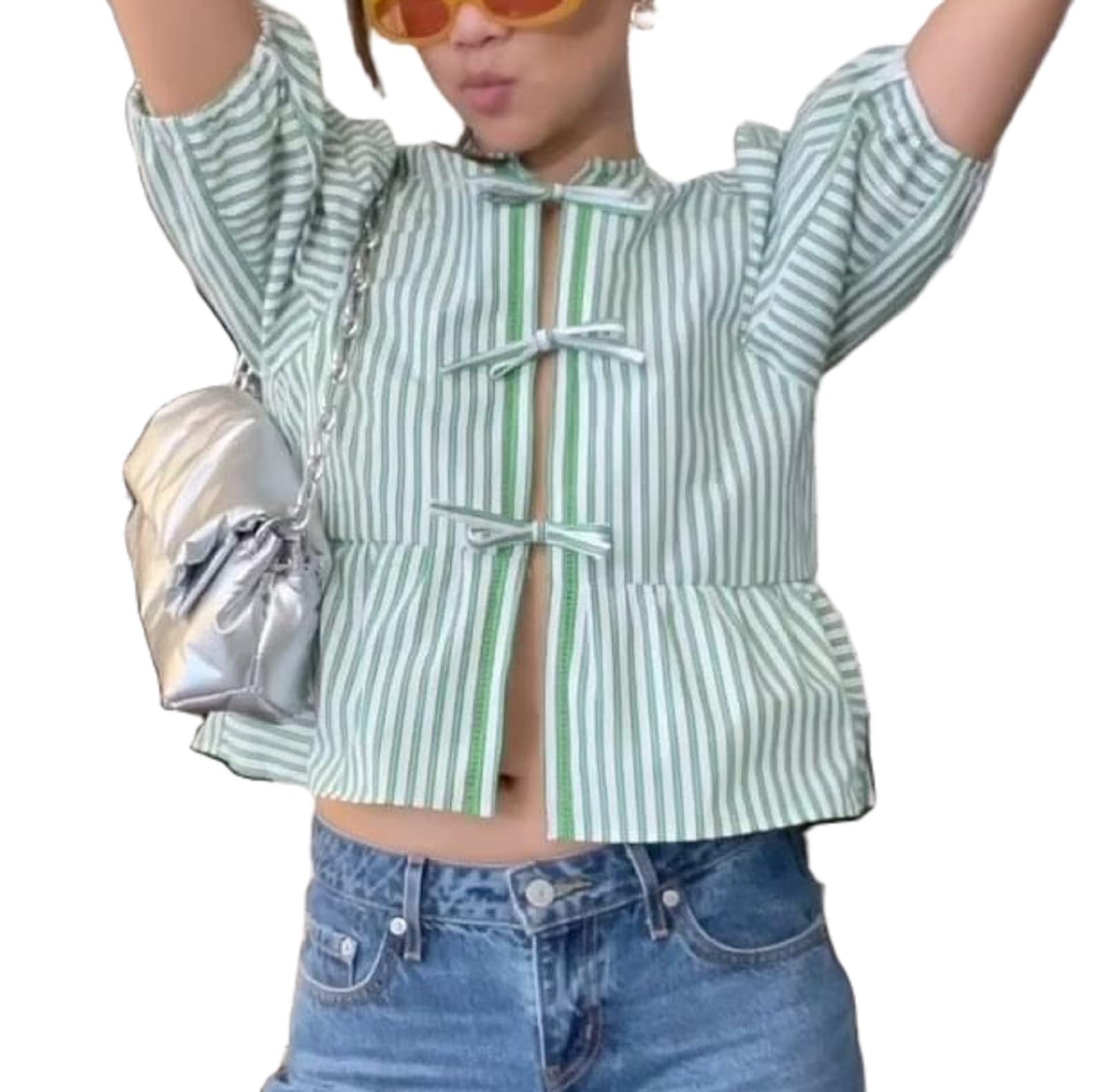 Top Donna Peplo Con Allacciatura Frontale Y2K – Maniche A Sbuffo E Orno Increspato – Camicetta Leggera