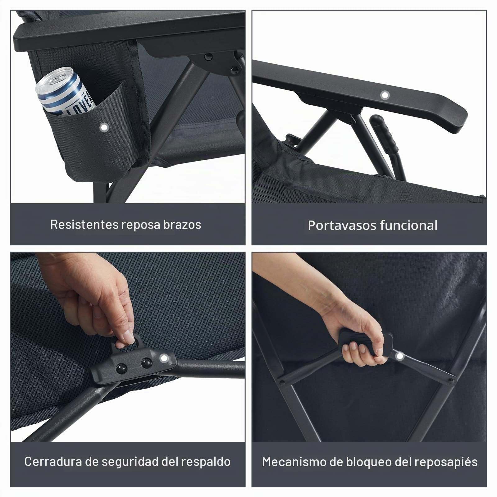 TIMBER RIDGE Silla de camping plegable en 4 posiciones, respaldo ajustable con reposapiés, asiento acolchado plegable, 150 kg, tumbona de jardín para camping, jardín, balcón, autocaravana