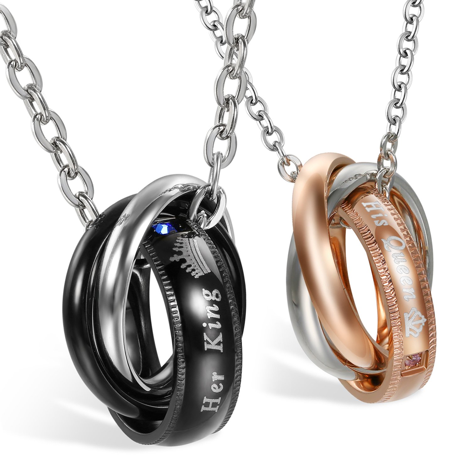 JewelryWe Schmuck Freundschaftsketten mit kostenloser Gravur, Edelstahl Partner-Anhänger Halskette mit His Queen Her King Krone Ringe, Paar Anhänger Kette für Damen Herren, Schwarz Rosegold Silber
