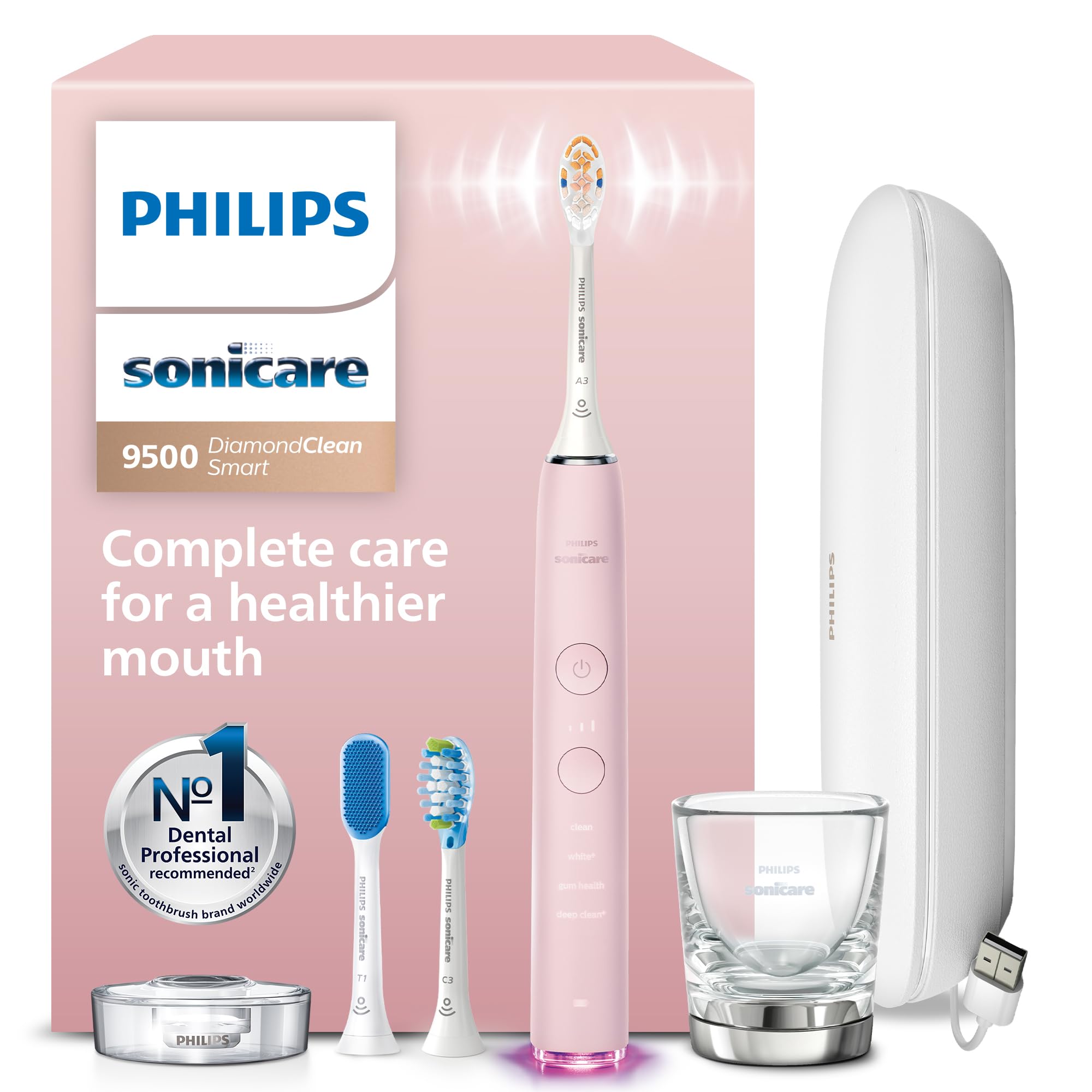 Photo 1 of Philips Sonicare DiamondClean Smart 9500 Electric Toothbrush - Sonic Toothbrush with App, Pressure Sensor, 15 Brushing Settings, Replacement Reminder, USB Charging Travel Case, Pink, Model HX9923/21