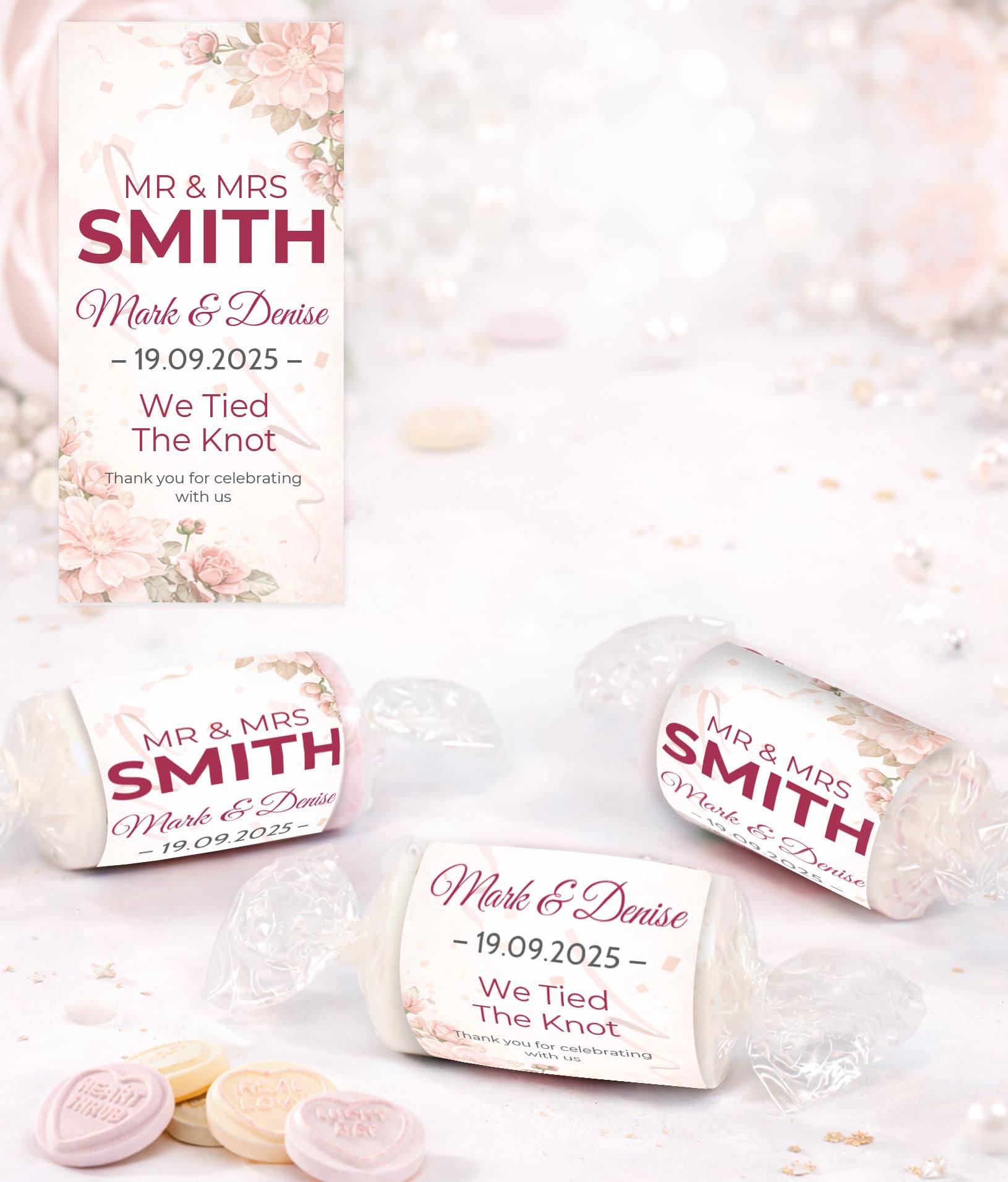 Personalised Wedding Favours Love Hearts Sweets, Custom Wrapped Mini Sweets, Happily Ever After Design, Mr & Mrs Wedding Favours UK (Blush Pink)