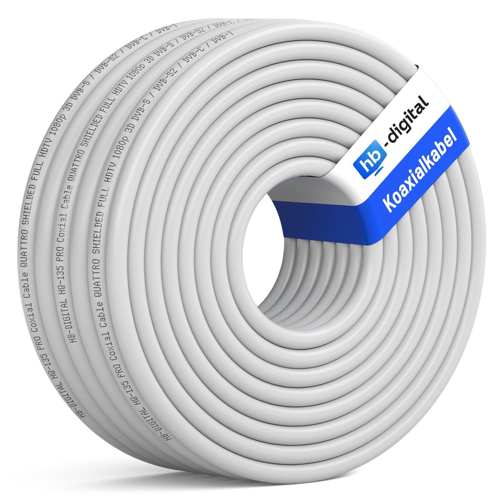 HB-Digital - Cavo satellitare coassiale HQ-135 PRO, 130 dB, schermatura quadrupla per impianti DVB-S/S2, incluso set di 4 connettori F dorati 15m bianco
