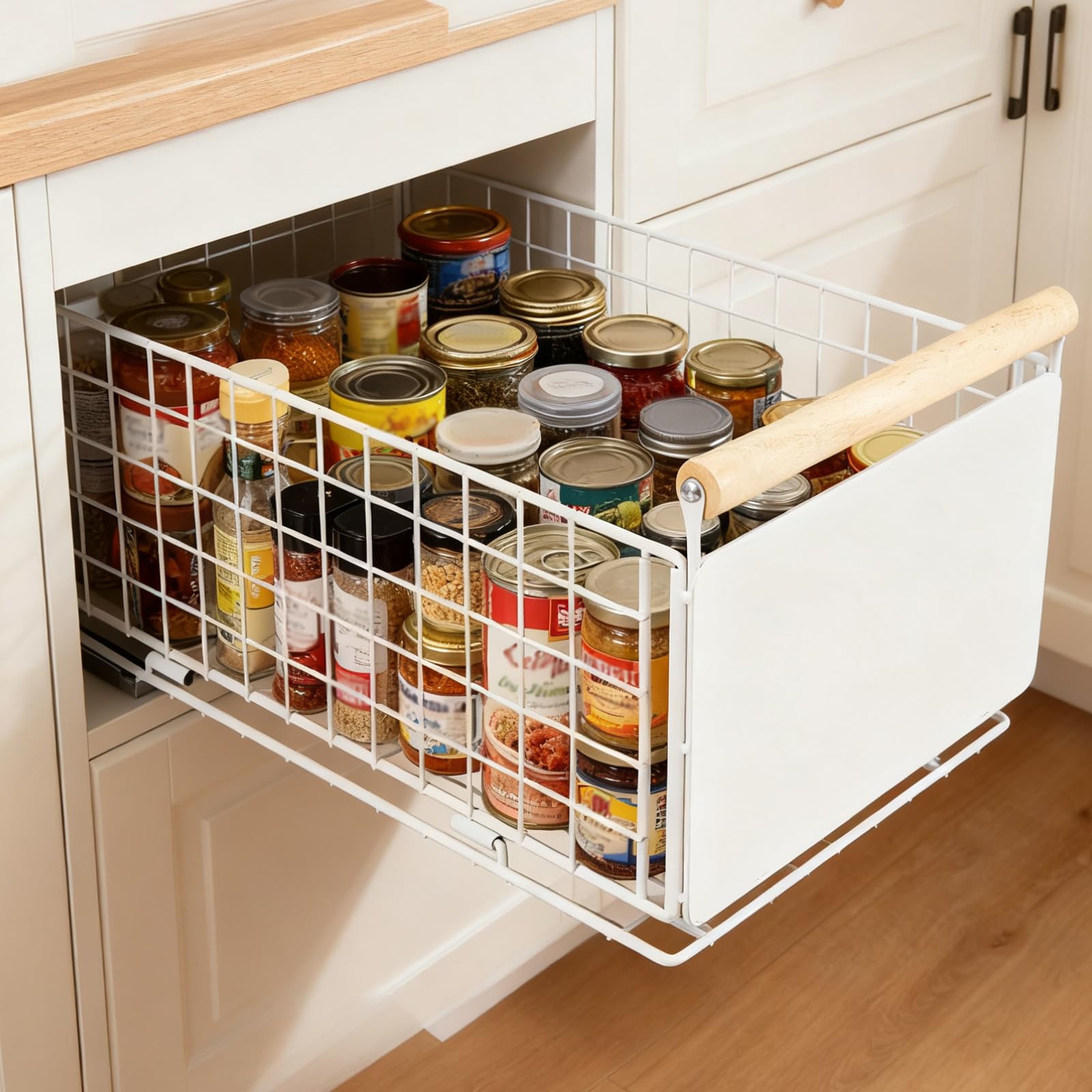 Teleskop-Schubladeneinsatz für Küchenschränke – Ausziehbarer Schrankorganizer 38x23x18,5 cm, Montage mit Klebepad oder Schrauben, Leises Schienensystem, Organizer (4er)