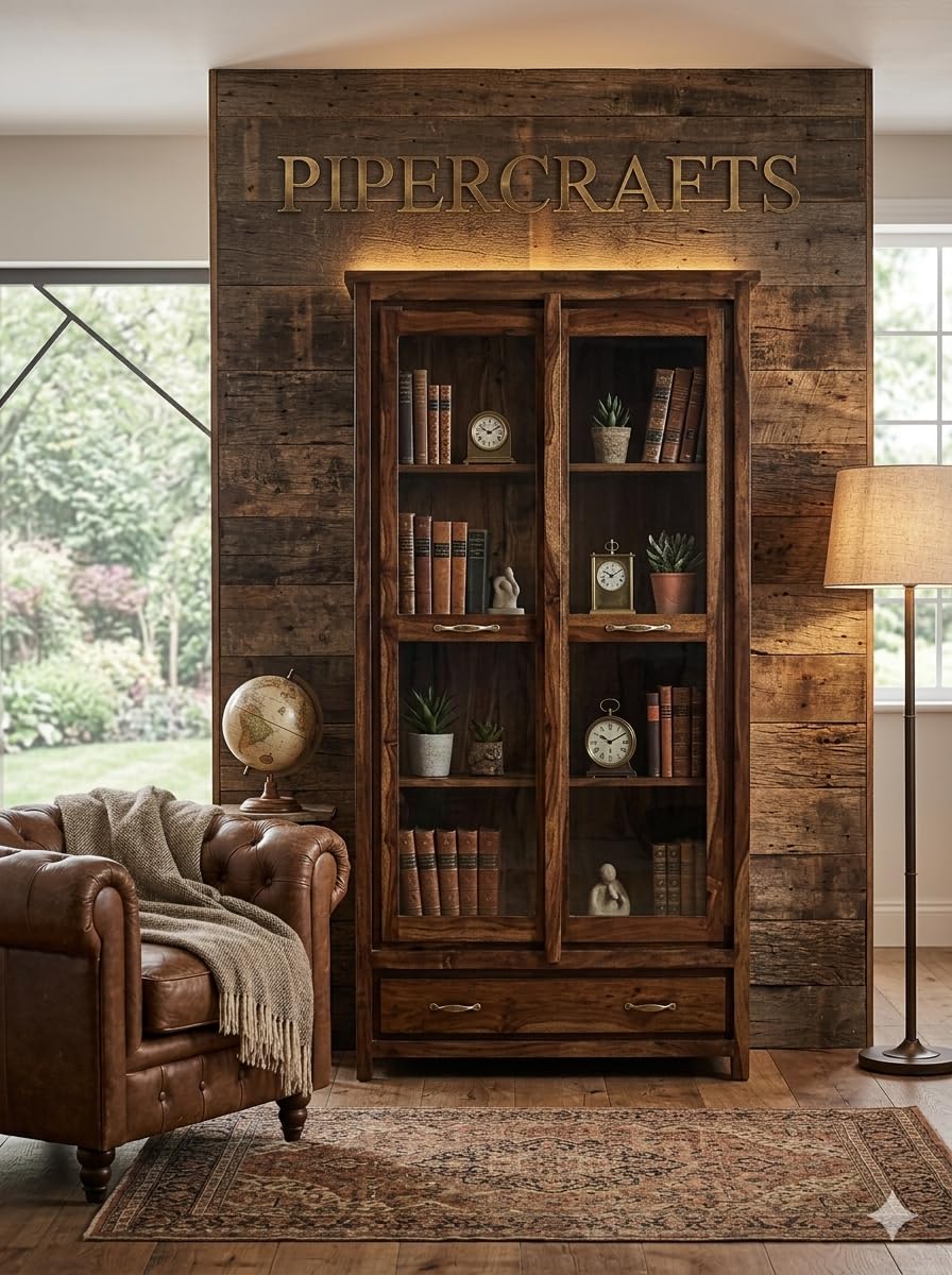 Sheesham Wood Book Shelf - Glass - Brown Finish - Contemporary Style - 4 Shelves - 75 KG - Study Room, Office, Library-image-22
