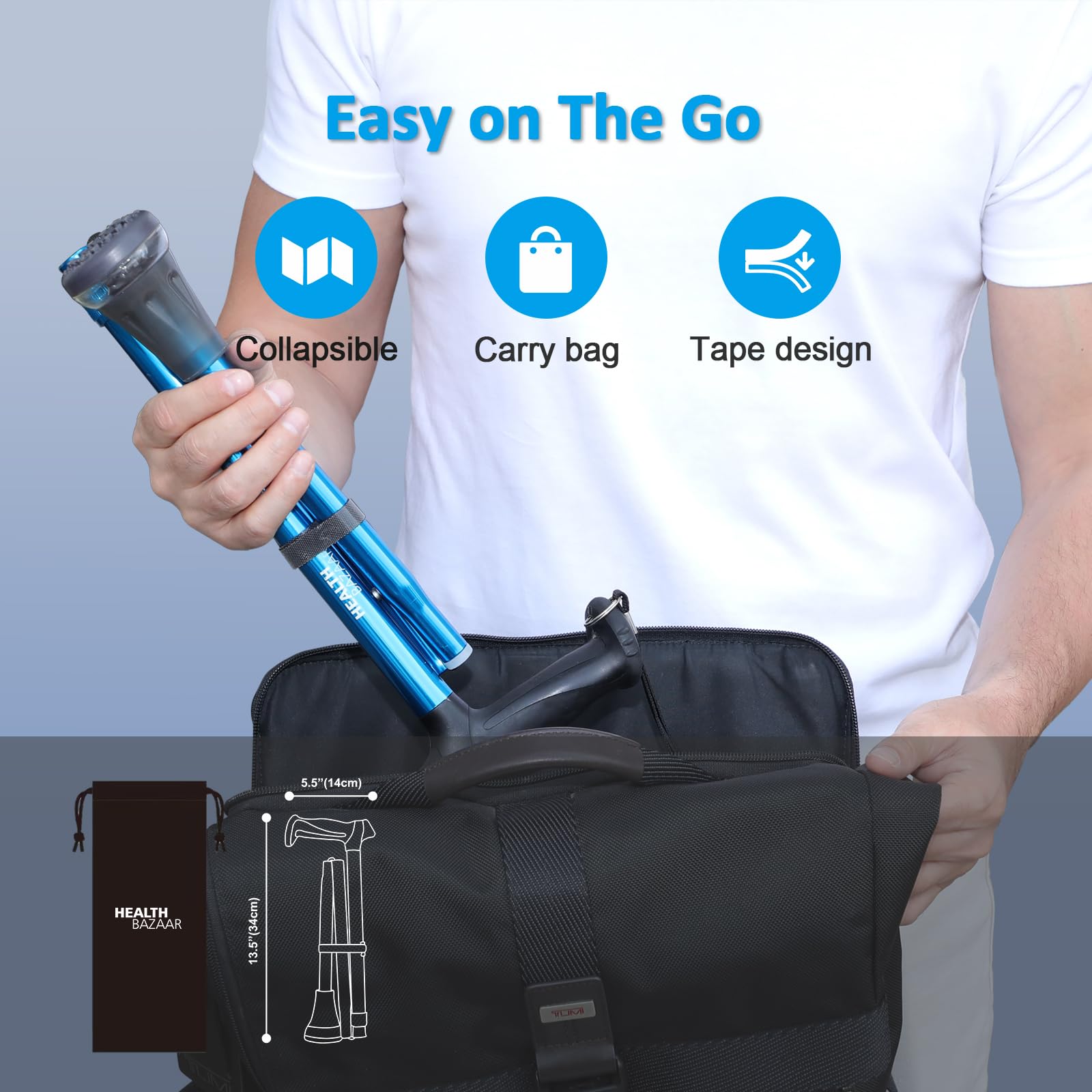HEALTHBAZAAR All Terrain Folding Walking Stick, Walking Sticks for Elderly & Adults, Pivot Tip and Heavy Duty Mobility Aid, Collapsible Stick for Men & Ladies
