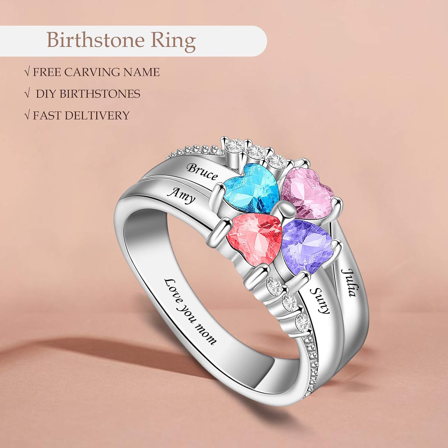 BAUMA AUTO Personalized Sterling Silver Mothers Ring with 2/3/4/5/6 Simulated Birthstones can Engraved Custom Name for Grandmother Mother Family Rings for Women Christmas