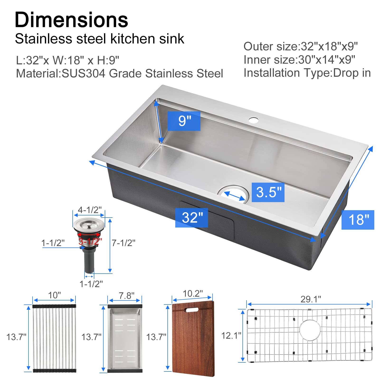 Buy MENATT 20-inch Top-Mount Handmade Kitchen Sink, SUS304 Stainless Steel Drop In Kitchen Sink Sus304 Stainless Steel Handmade Kitchen Single Bowl With Sink Strainer Black 20 X16 X9