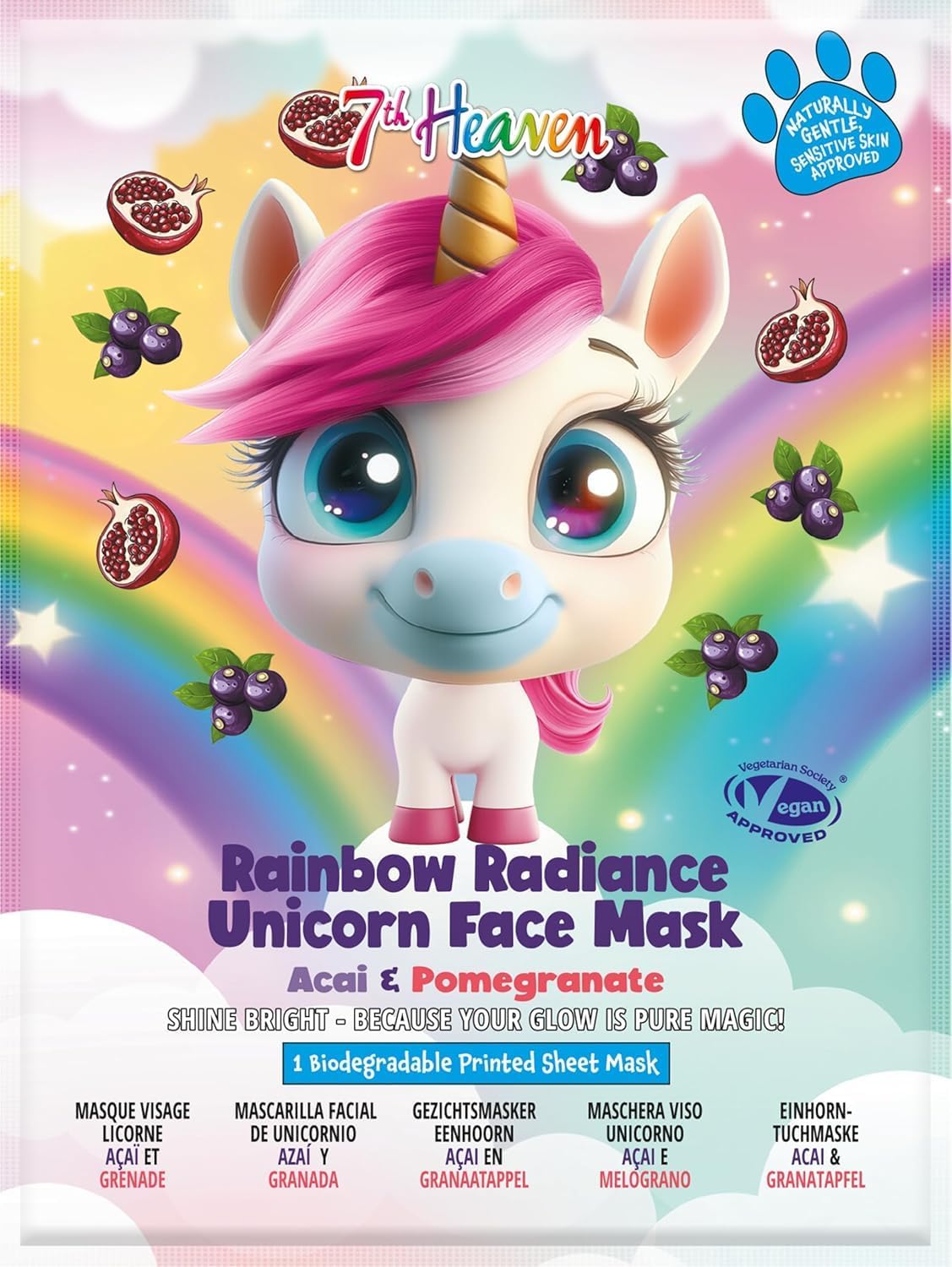7th Heaven Unicorn Face Sheet Mask with Acai and Pomegranate helps soothe and hydrate skin. A fun, kid-friendly printed face mask for relaxing self-care routines, for all skin types, 1 count.