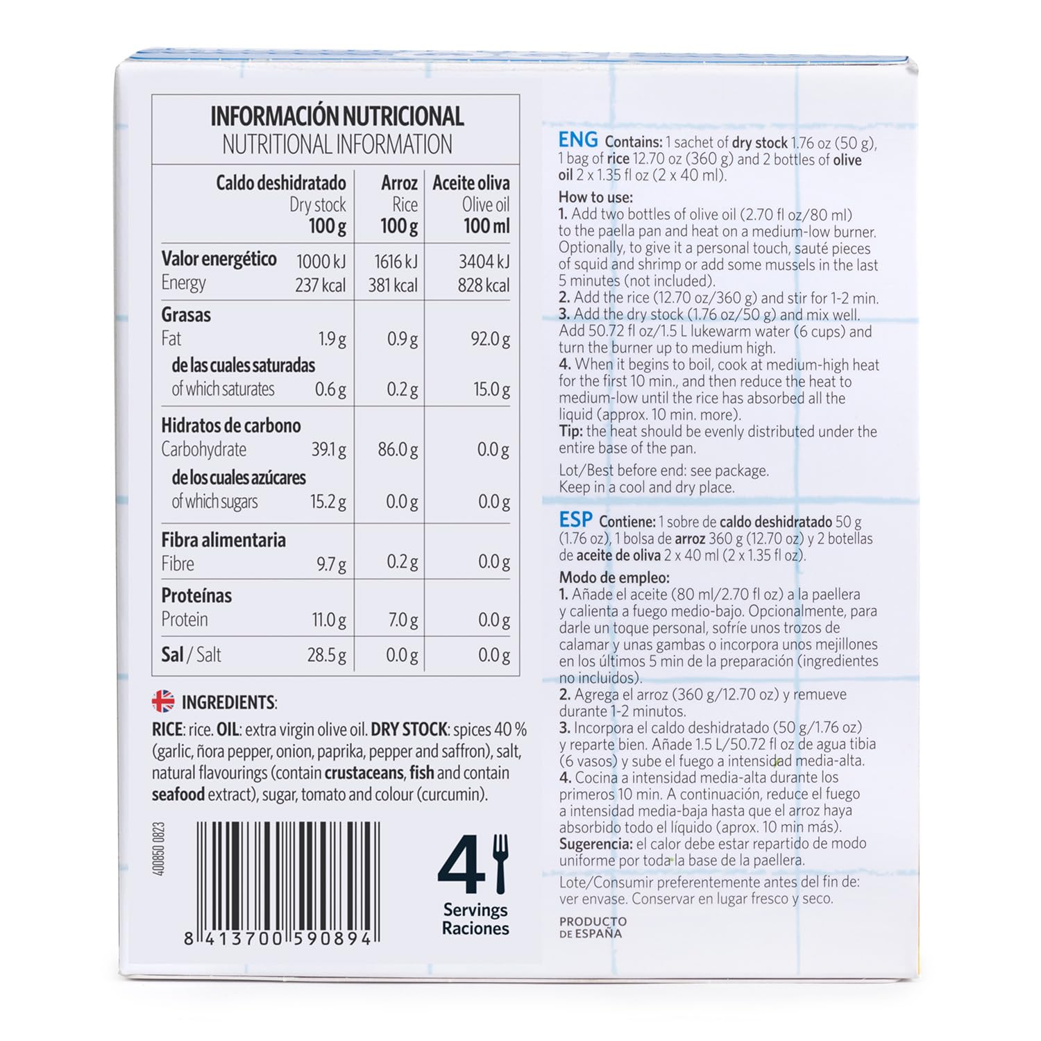 Carmencita Kit de paella aux fruits de mer - Kit complet pour 4 personnes avec riz, huile d'olive et bouillon déshydraté pour assaisonnement traditionnel de paella, kit de cuisine espagnole sans