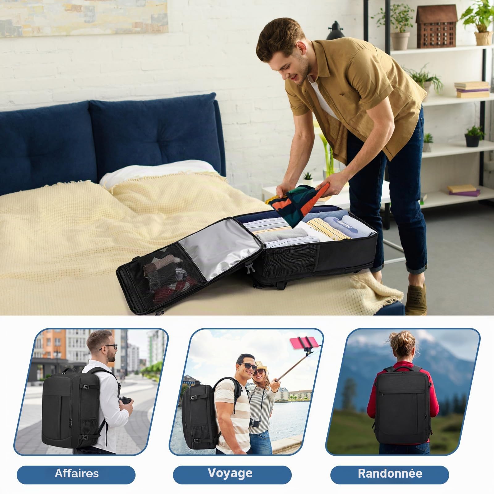 Bagage Cabine 55x40x20cm Grande Sac a Dos Voyage Cabine Avion 44L Femme Homme Bagage à Main Sac a Dos Cabine Valise Sac à Dos pour Ordinateur Portable 18.4Pouces, Noir