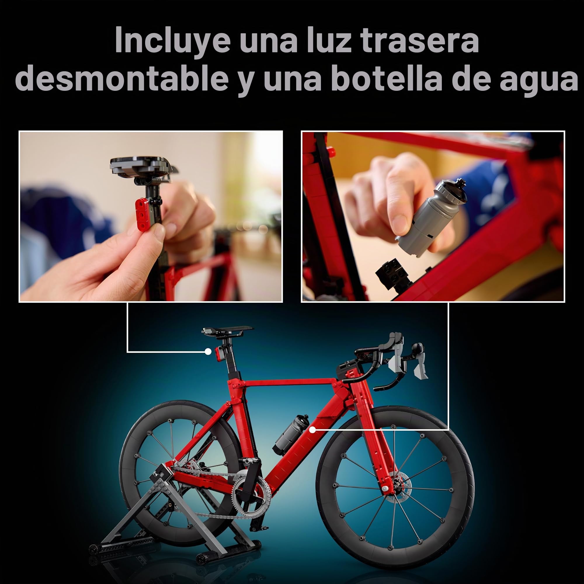 BRICK Flip Bicicleta de carreras LEGO - Bicicleta LEGO 11380 con azulejos impresos, iconos Legorad con neumáticos de goma, engranajes y soporte de rueda trasera como escritorio