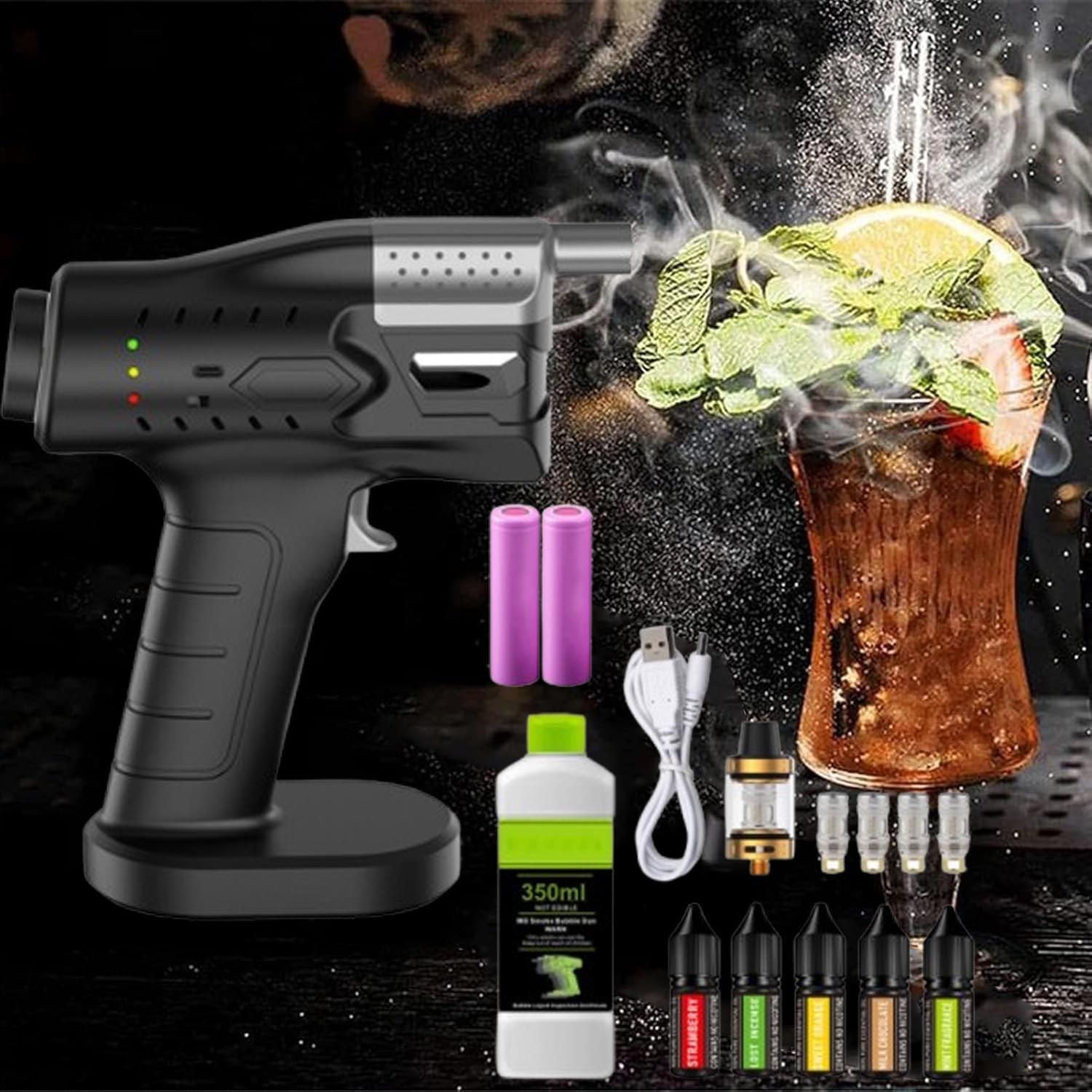Pistola Infusora De Humo Alimentada Por Usb, Kit De Pistola De Burbujas Para Ahumar CóCteles, Generador EléCtrico De Humo FríO- 5 Esencias/LíQuido Burbujas 350 Ml/Tanque Humo,Black