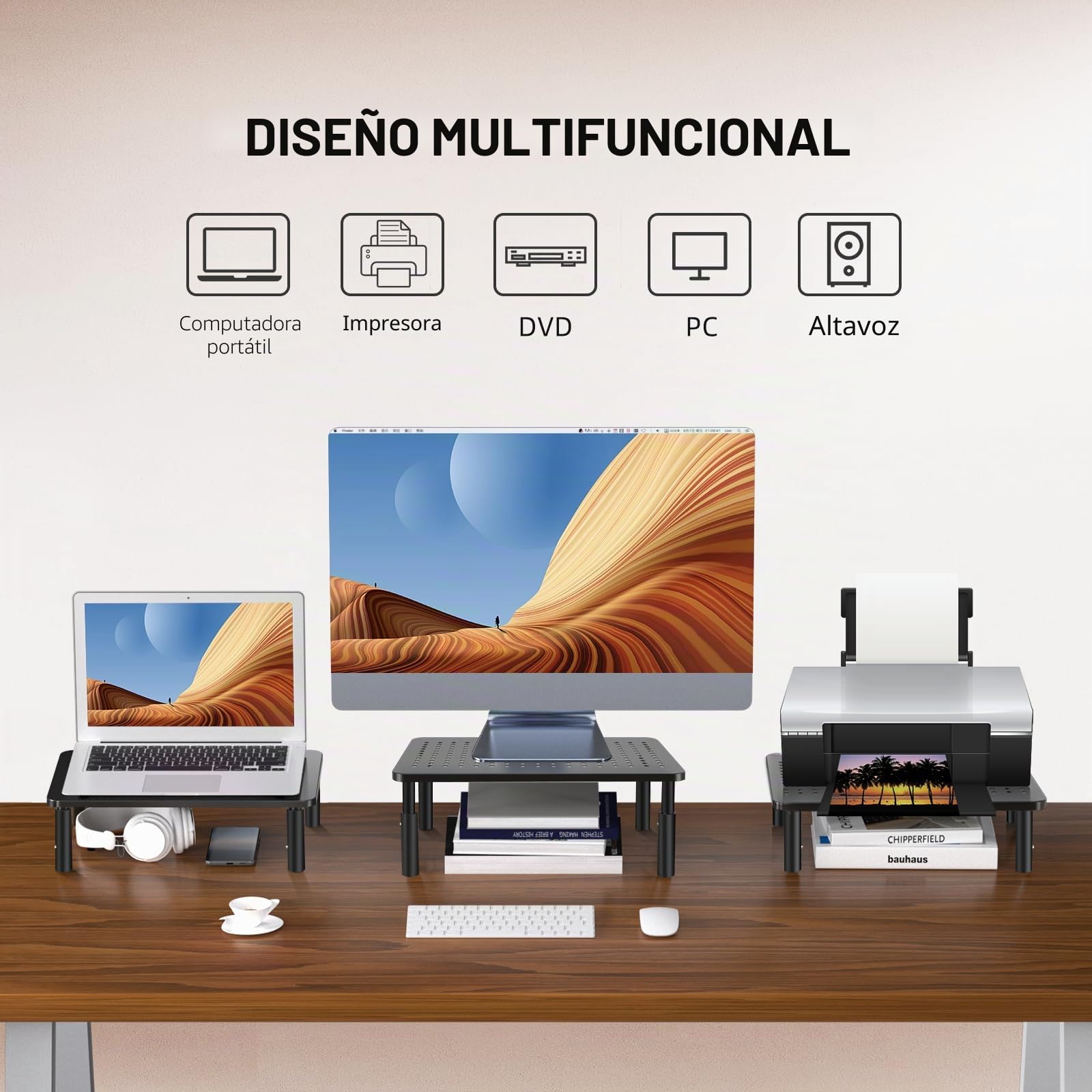 Bracwiser Elevador de Monitor de Escritorio, Soporte Monitor Ajustable en 3 Alturas (10/12/14cm) con Plataforma de Rejilla Ventilada para Laptop, PC y Impresora, Carga Máx. 20kg, Negro