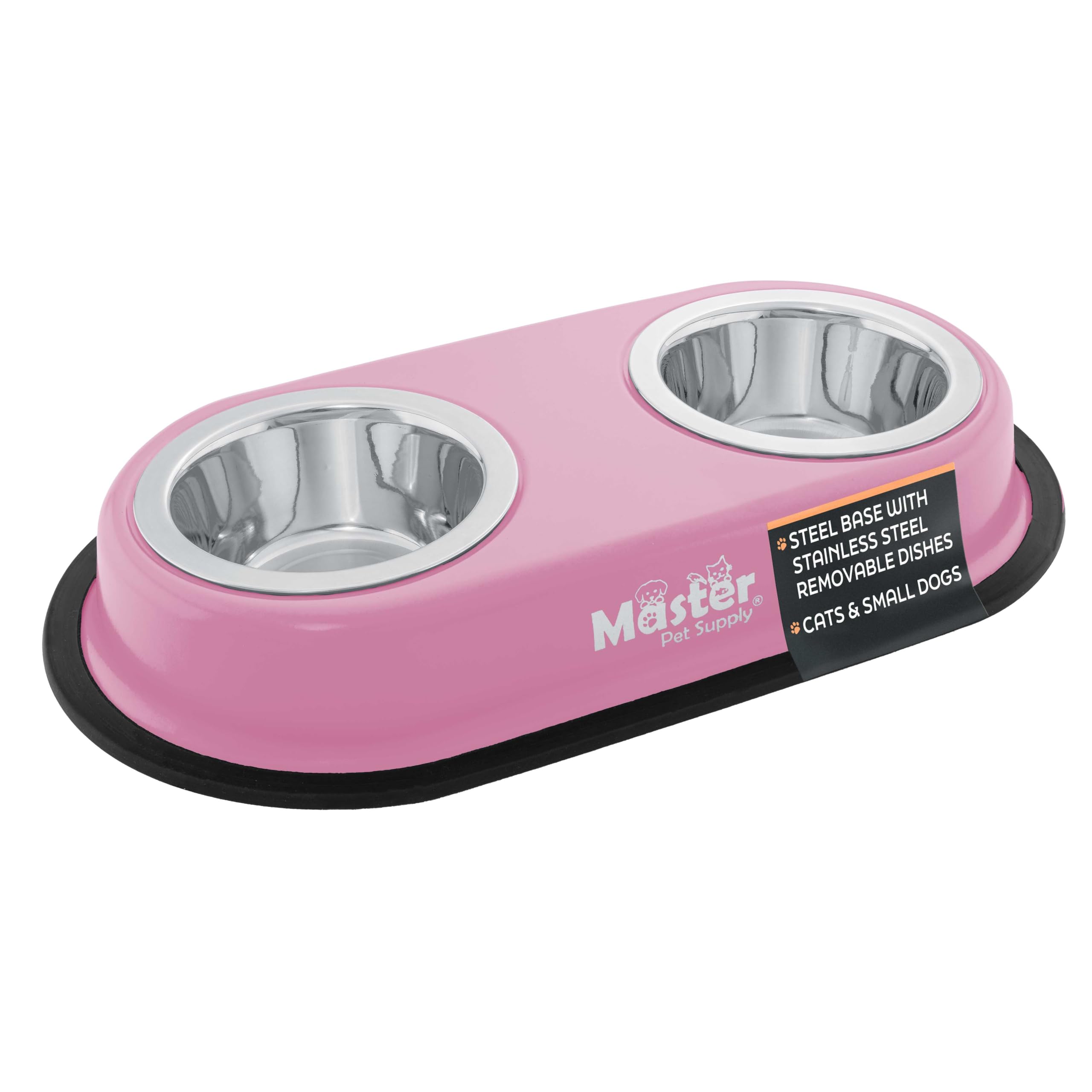 Master Pet Supply Double Dog Bowls Set with Elevated Base and 2 (8 oz) Stainless Steel Removable Dishes (Hyper Pink) – Double Cat Food Water Bowl, Dog Puppy Food Bowl Set, Rust Resistant