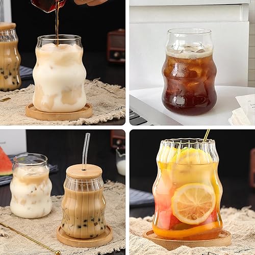 Miniatura 6 de 2 vasos de vidrio acanalado de 18 onzas, diseño acanalado ondulado, ideal para bebidas de café helado, jugo, leche, té, cócteles y más