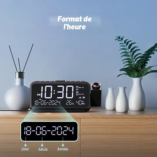 Mesqool Radio Réveil Projecteur de Plafond avec Projecteur 320°, Mode Jours Ouvrables/Week-End, 2 Alarmes, Chargeur USB de Type C, FM, Variateur d'intensité, Température, Humidité, Snooze, 12/24H - 7