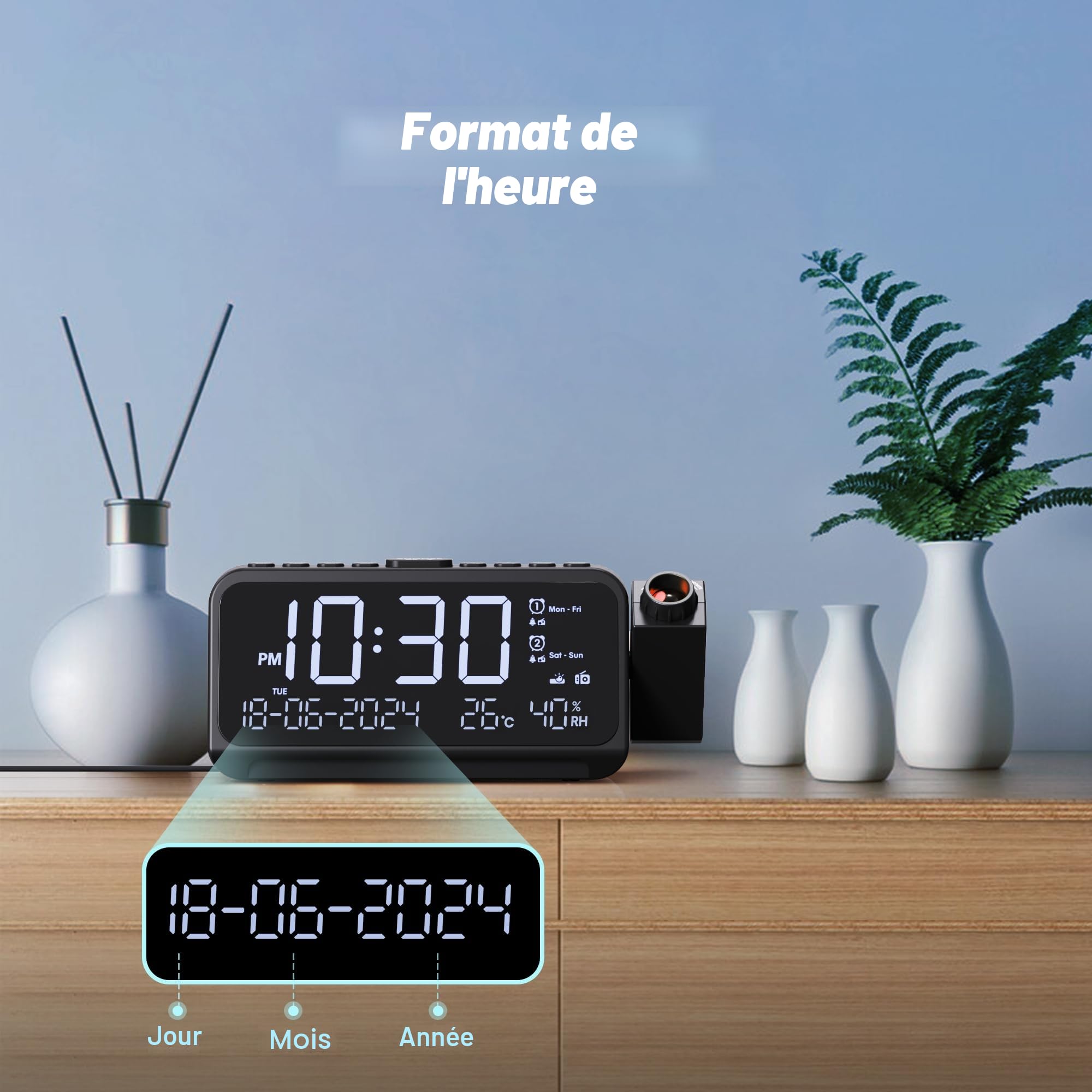 Mesqool Radio Réveil Projecteur de Plafond avec Projecteur 320°, Mode Jours Ouvrables/Week-End, 2 Alarmes, Chargeur USB de Type C, FM, Variateur d'intensité, Température, Humidité, Snooze, 12/24H