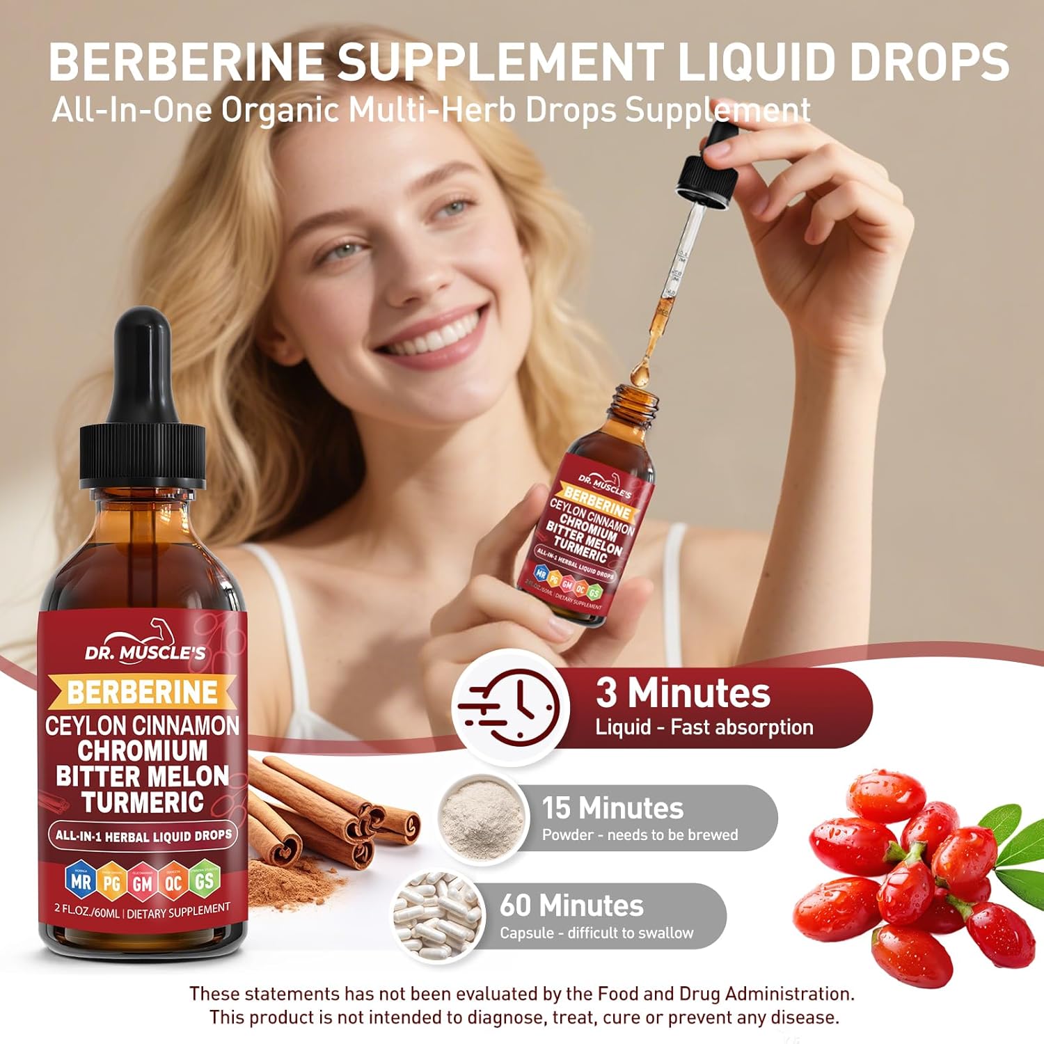 2-Pack Berberine with Ceylon Cinnamon Liquid Drops - Berberine Supplement with Turmeric, Moringa, Bitter Melon, Chromium, Gymnema - Daily Dietary Supplement for Adults, 4 FL OZ - Vegetarian