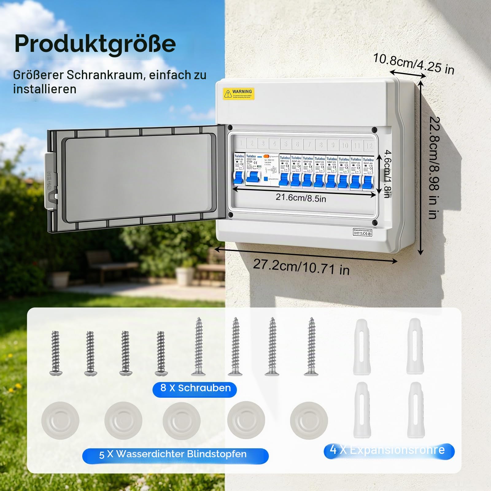 Sicherungskasten Aufputz IP65 mit FI-Schutzschalter, Verteilerkasten Aufputz 125A Hauptschalter, 2x C16A 3x C10A 4x C6A