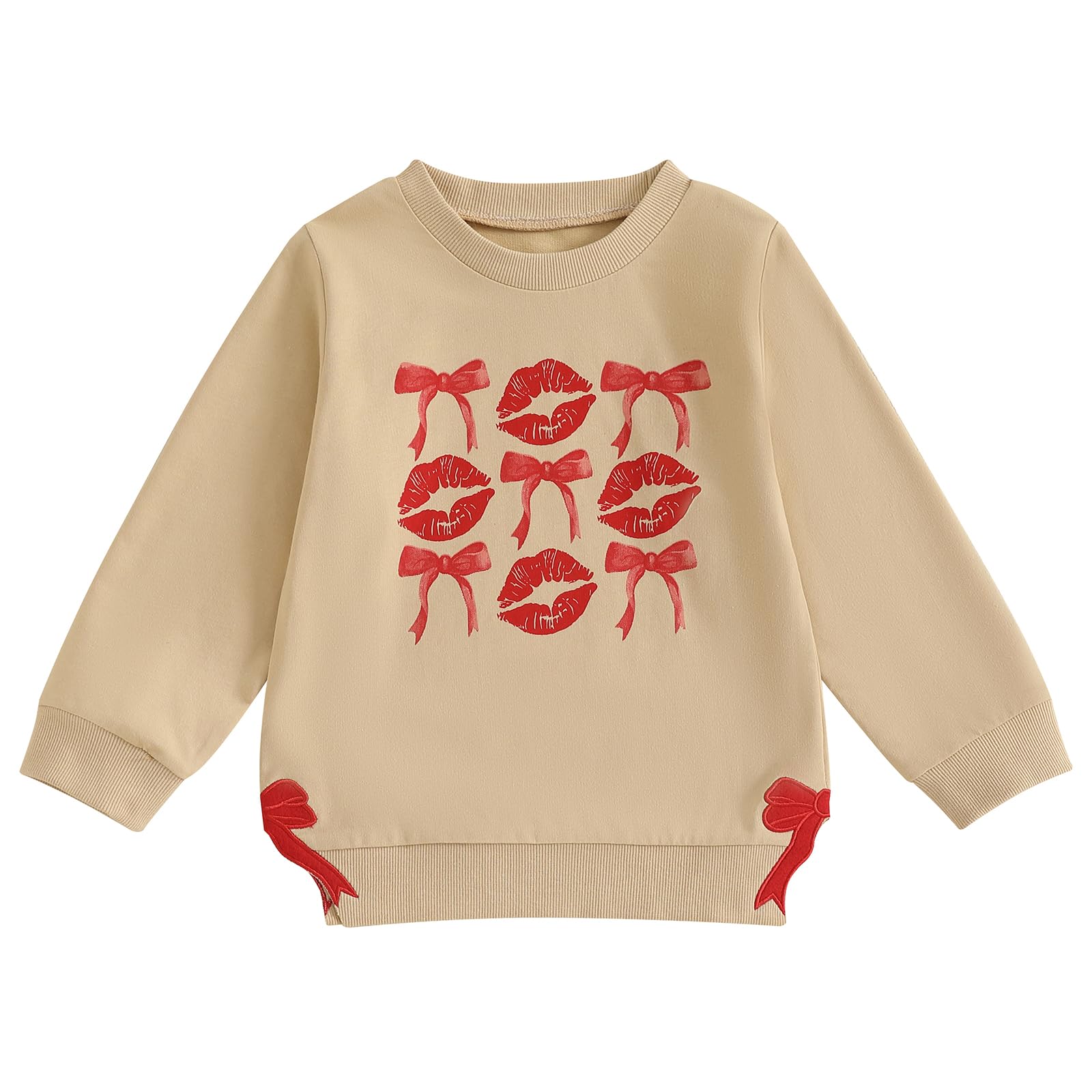 FIOMVA Toddler Baby Girl Valentines Outfit Kids Bow Lips Heart Sweatshirt Infant Long Sleeve Pullover Tops Spring Clothes (A Beige, 5-6 Years)
