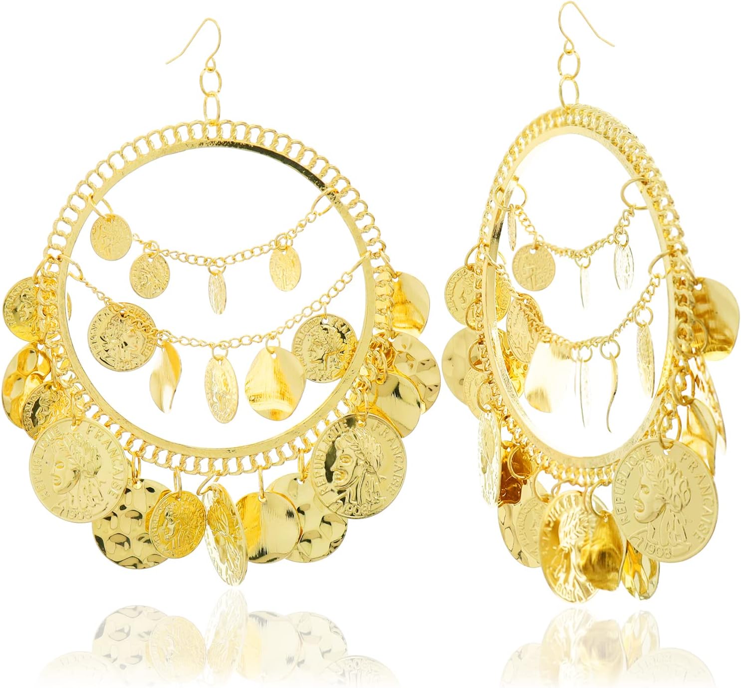 1Pair Vintage Tribal Rare Coins Big Hoop Banjara Kuchi Belly Dance Chain Boho Gypsy Dangle Earrings,3.9",30g/pc