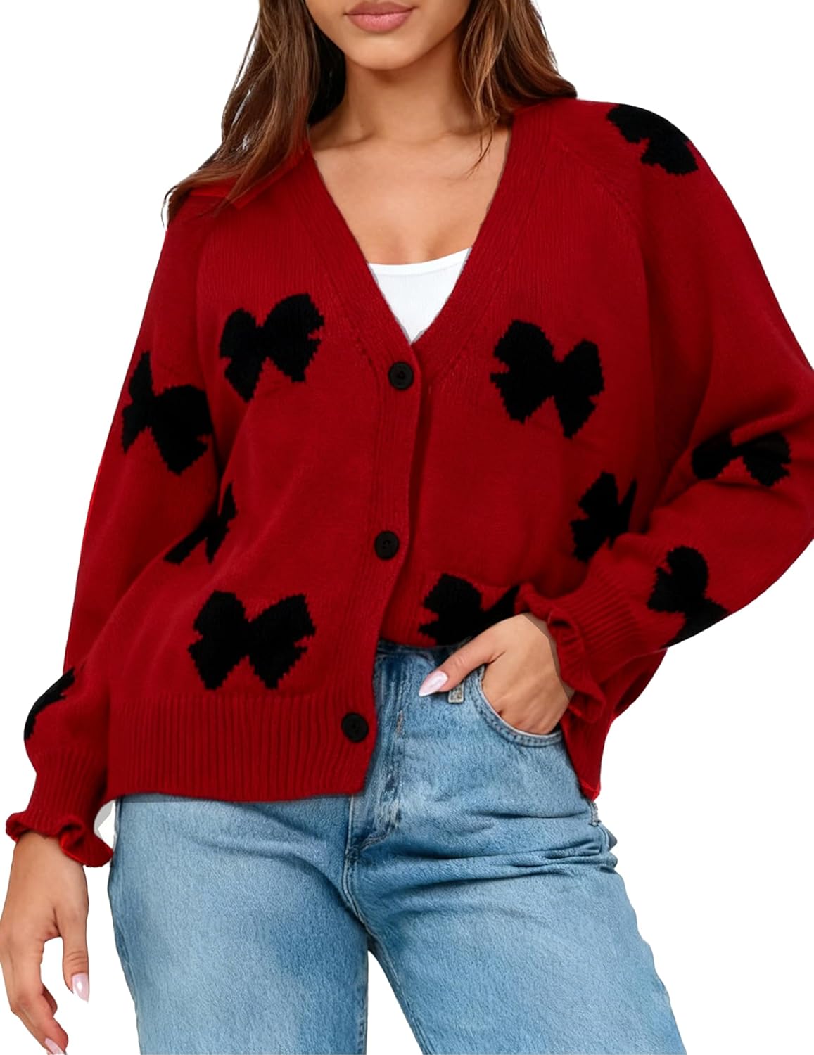 Bow Cardigan for Women Trendy V Neck Y2K Open Front Button Down Knit Sweater Cute Fall Ladies Sweaters
