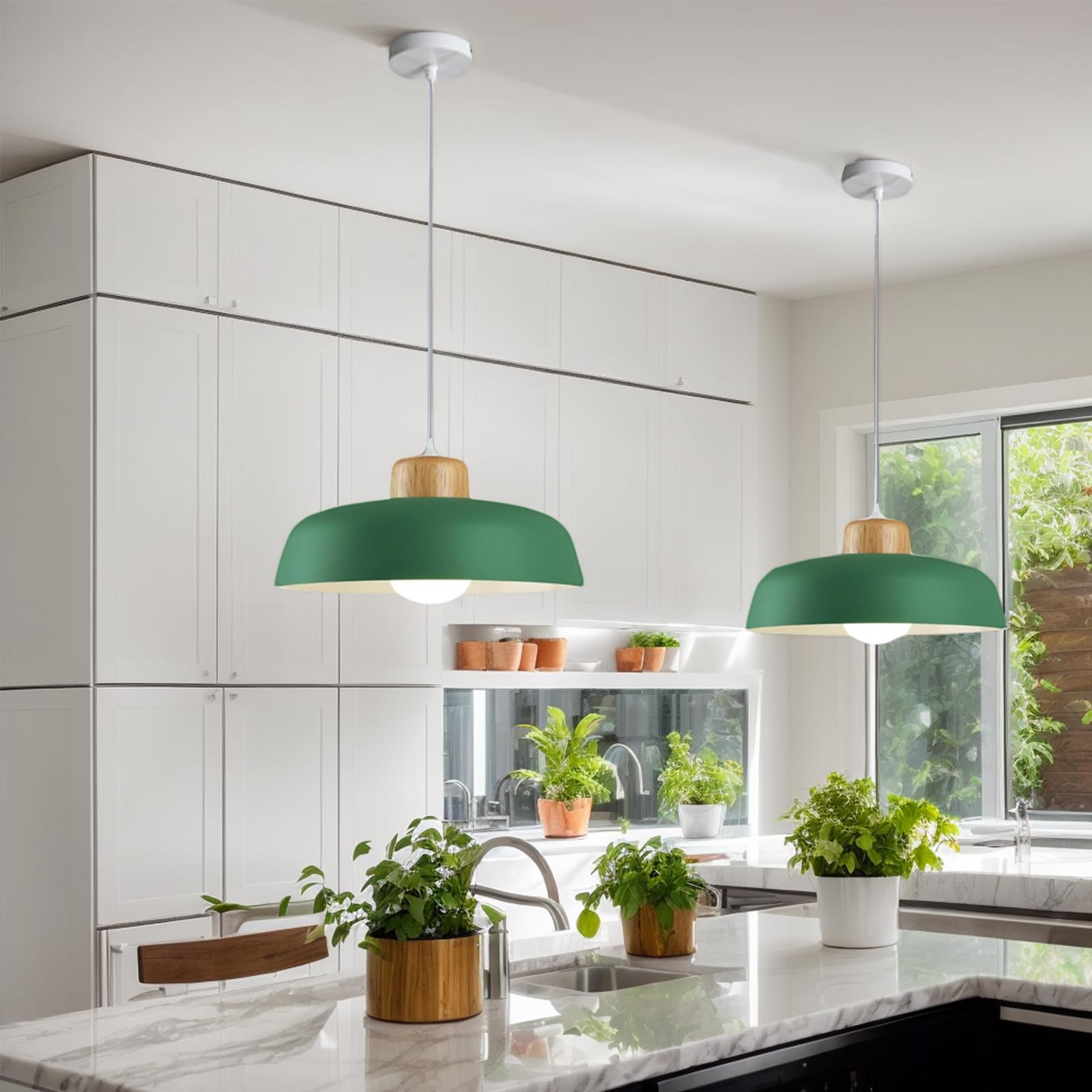 EKSED Suspension ronde en métal de 300 mm de couleur macaron, finition en bois simple moderne E27 Loft Bar Plafonnier, Lustre de salle à manger d'îlot de cuisine (Vert)