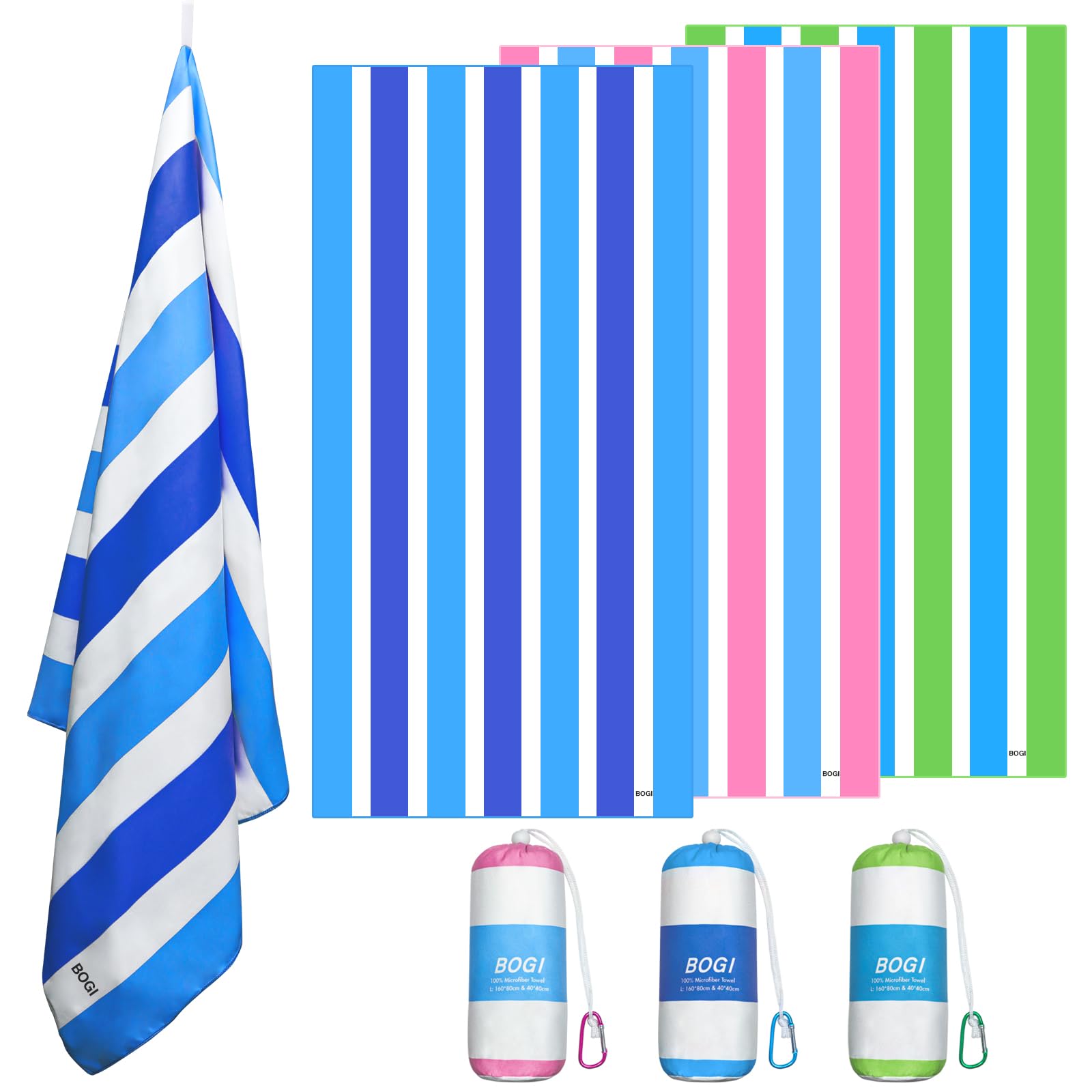 BOGI Microfiber Large Beach Towel for Adult,Quick Dry Lightweight Beach Towel- Recycled,Sand Proof & Compact Absorbent for Travel Bath Swim Yoga (L:165cm*80cm+40cm*40cm-Sky blue)