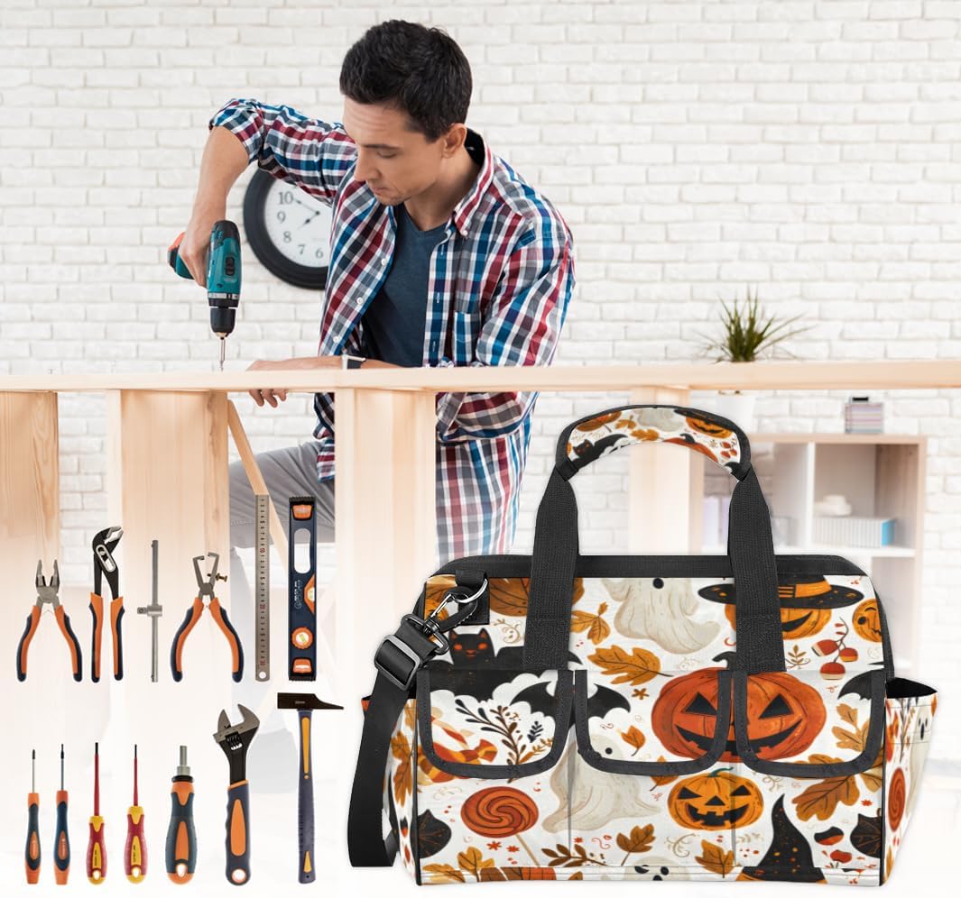 Cartoon Halloween Party Heavy Duty Tool Bag 14.8 Inch for Men, Wide Mouth Garden Tool Storage Bag with Adjustable Shoulder Strap, 14 Pockets Tool Bag Organizer for Construction, Gardening