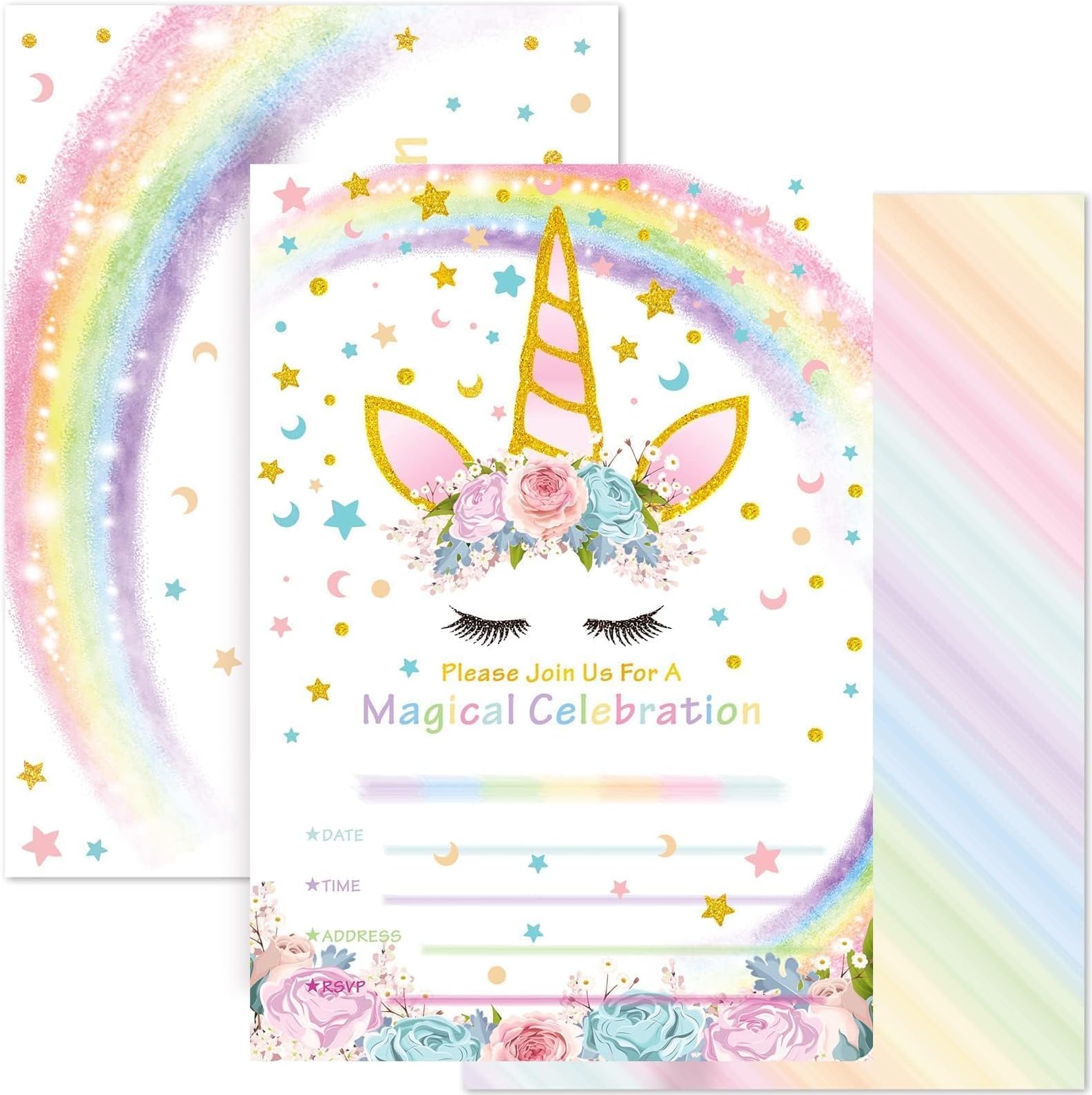 WERNNSAI 20Sets Unicorn Birthday Party Invitation Cards with Envelopes